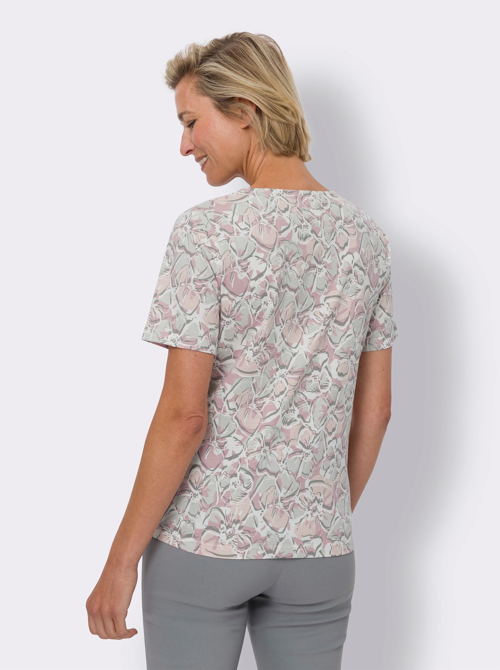 Kurzarmshirt aus reiner Baumwolle - ecru-hortensie-bedruckt