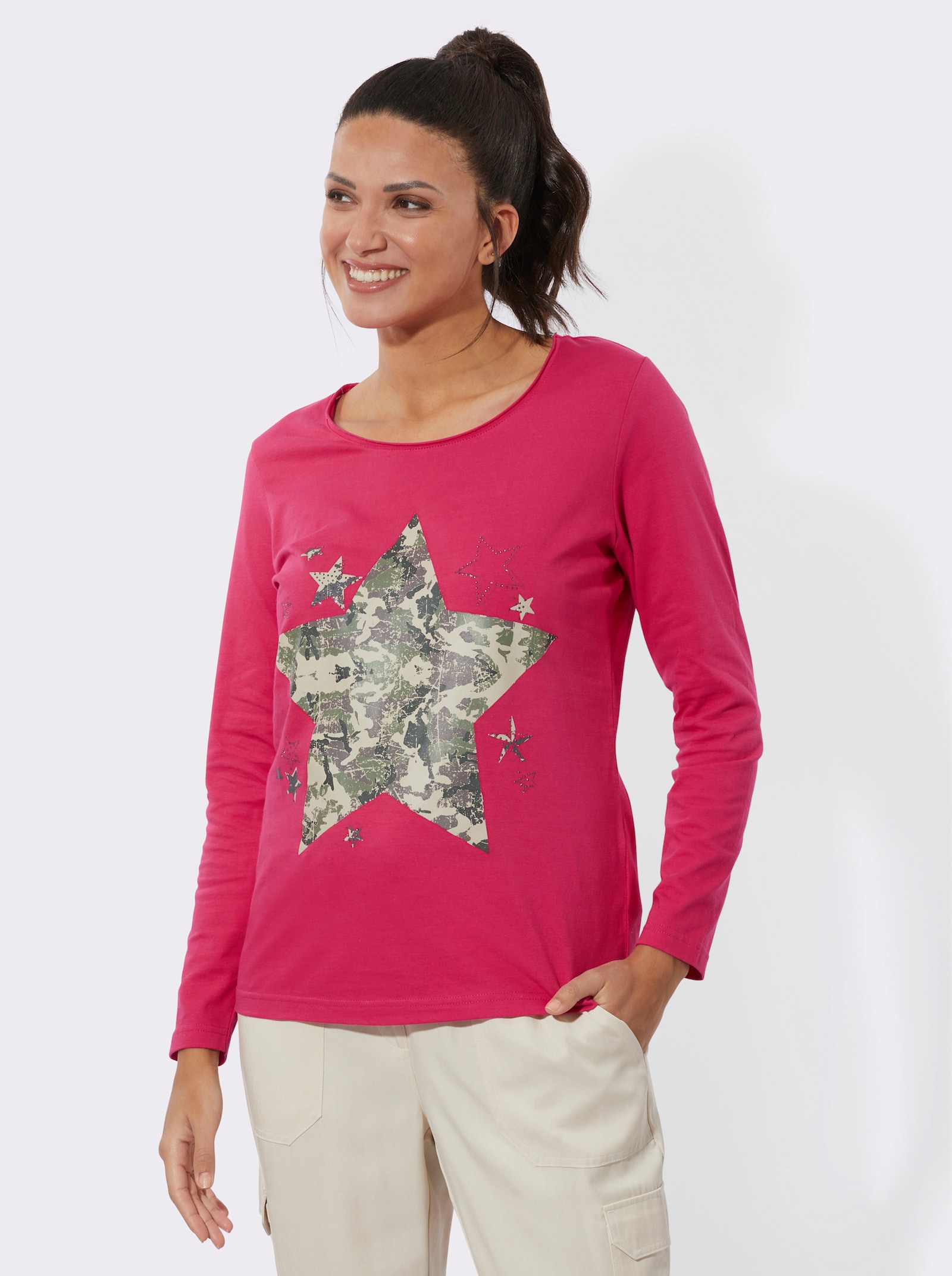 Langarmshirt mit Camouflage-Stern - pink-khaki