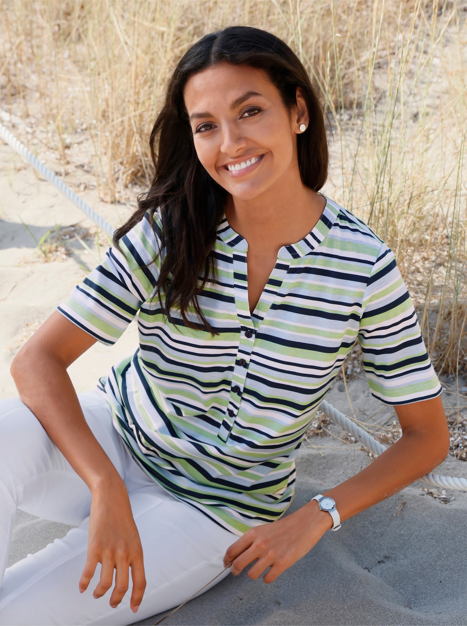 Ringelshirt im Baumwoll-Modal-Mix - hellblau-reseda-geringelt