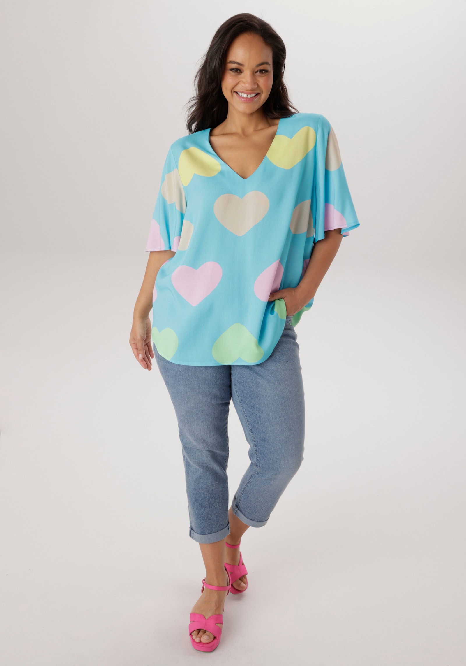 Aniston PLUS Schlupfbluse - türkis-beige-grün-gelb-rose