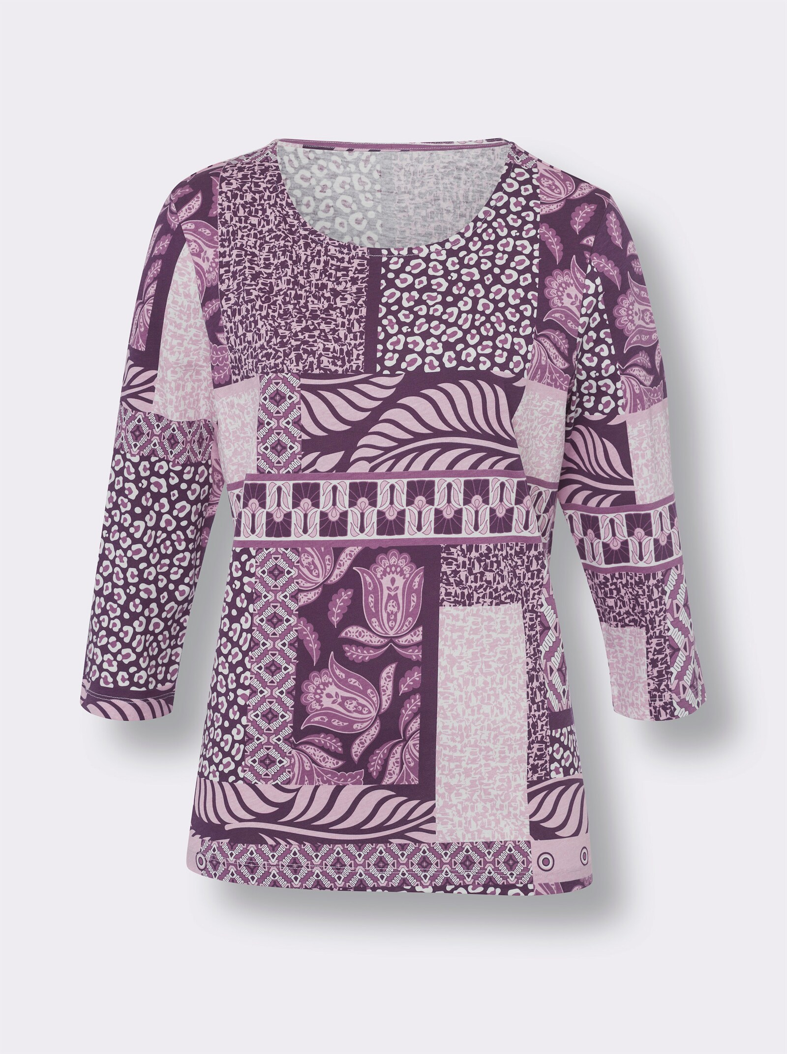 Tričko s 3/4 rukávem a patchworkovým vzorem - hroznová-ecru-potisk