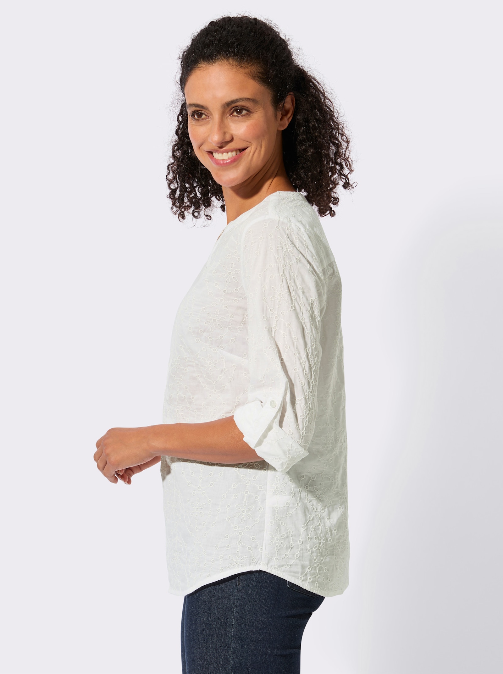 Baumwollbluse mit Stickerei rundum - weiß