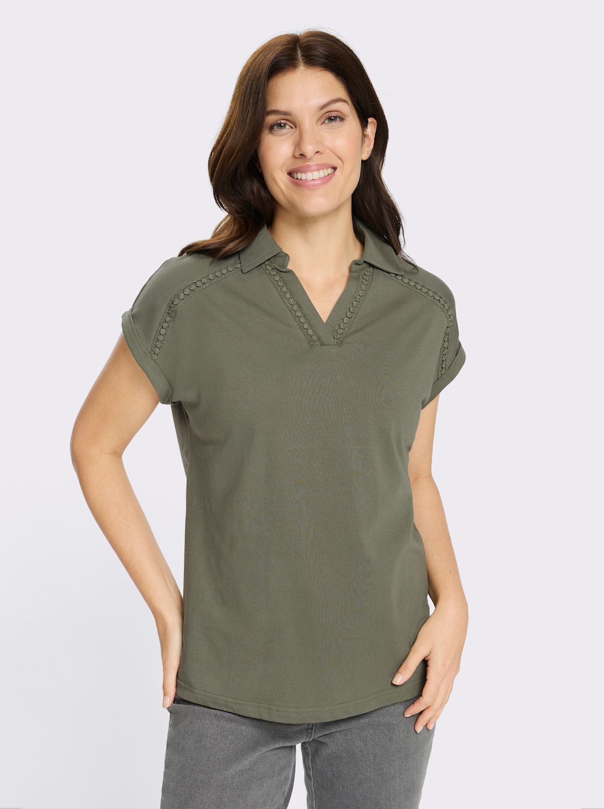 Poloshirt mit Spitzenborte - khaki