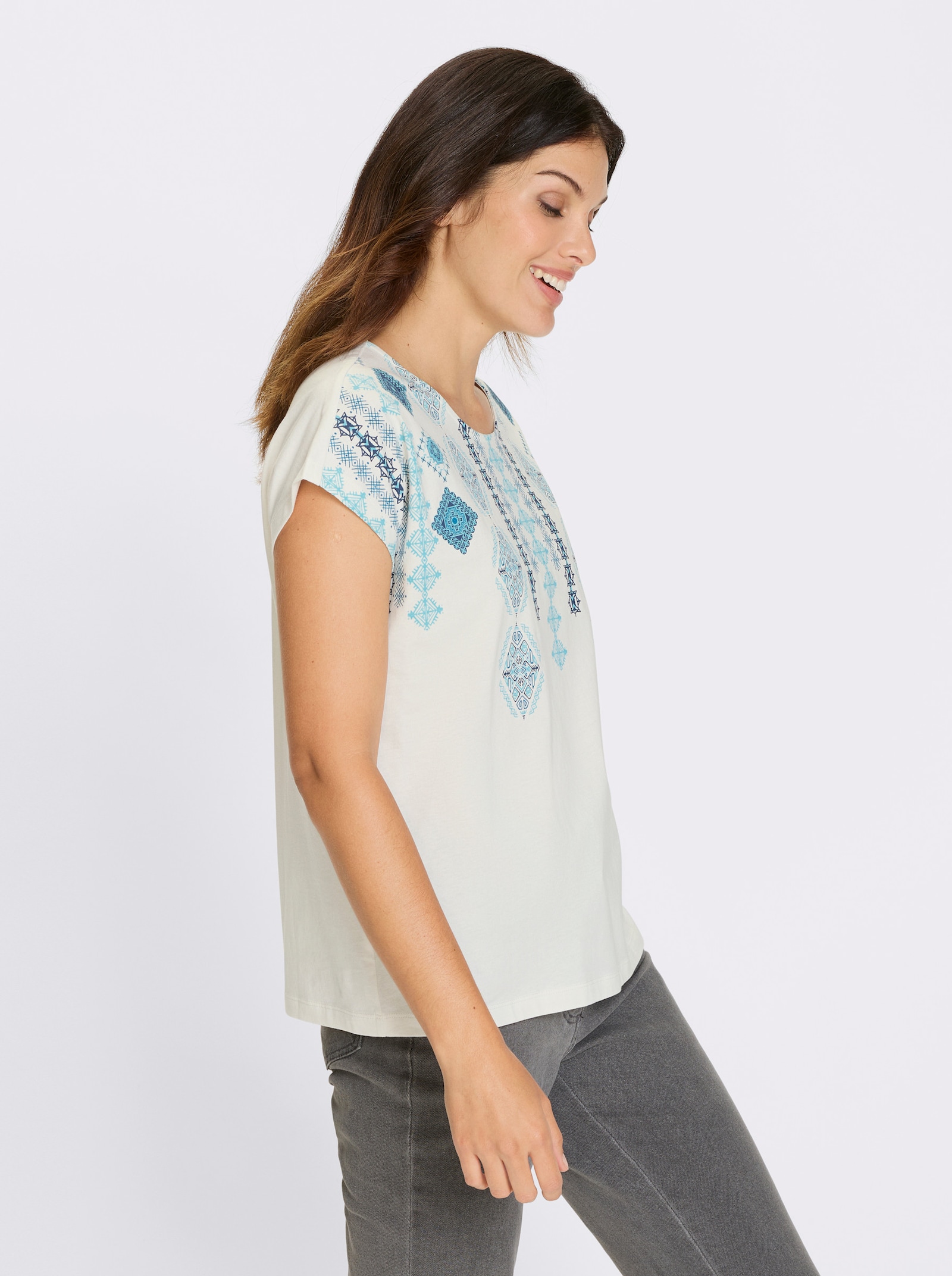 Shirt met korte mouwen en op dessin geplaatste etnoprint - ecru/donkerblauw