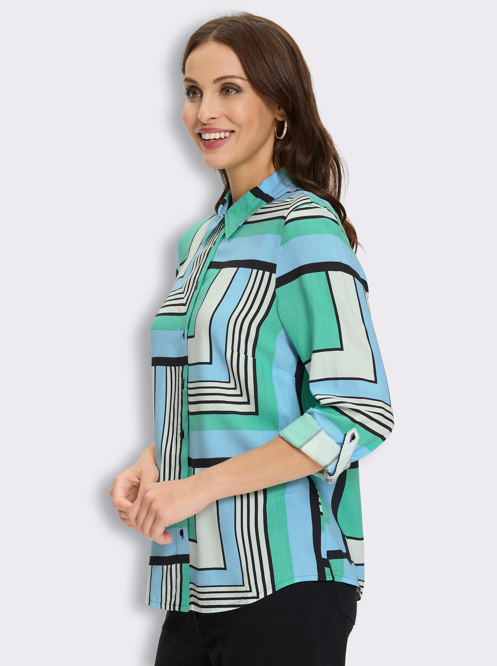 Druckbluse mit längenregulierbaren Ärmeln - aqua-ecru-bedruckt
