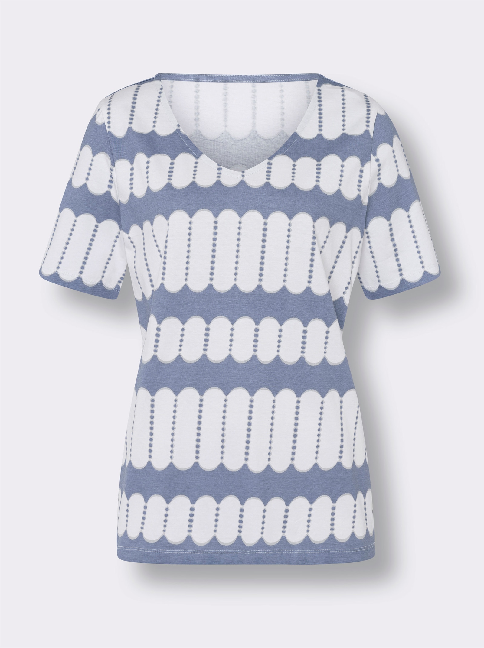 Kurzarmshirt aus reiner Baumwolle - taubenblau-ecru-bedruckt