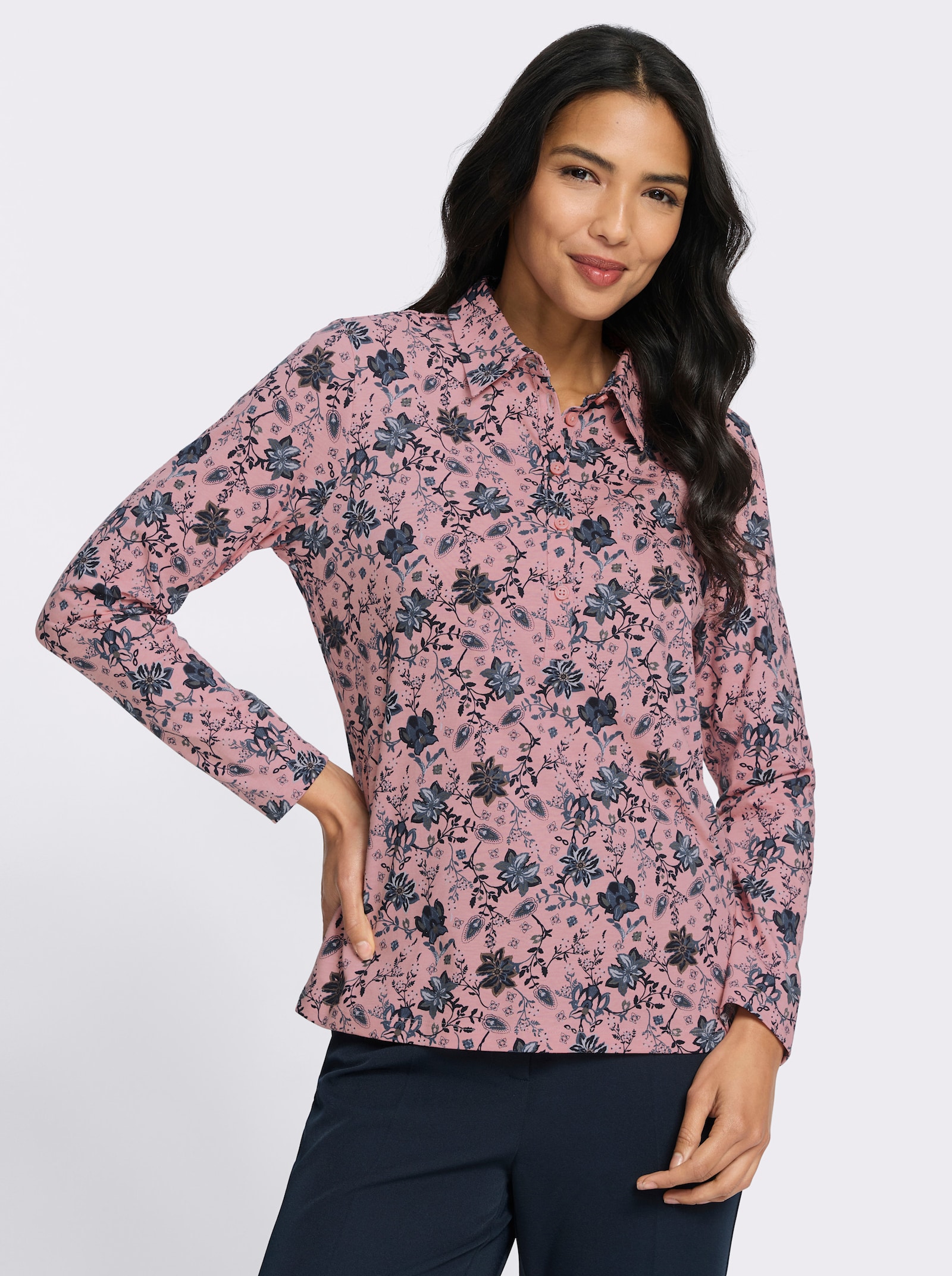 Poloshirt mit floralem Druck - rosenquarz-marine-bedruckt
