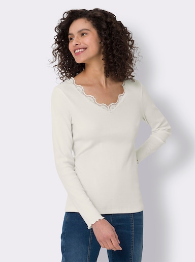 heine V-Shirt mit Spitze am Ausschnitt - ecru
