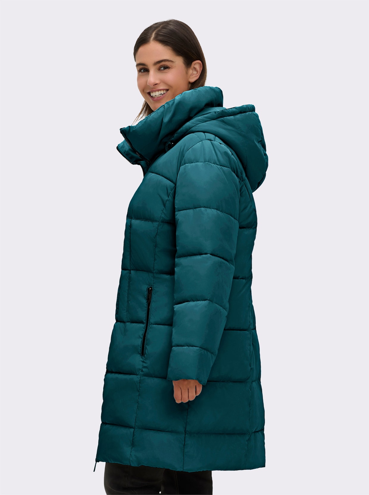 Steppmantel mit Raffung am Stehkragen - petrol