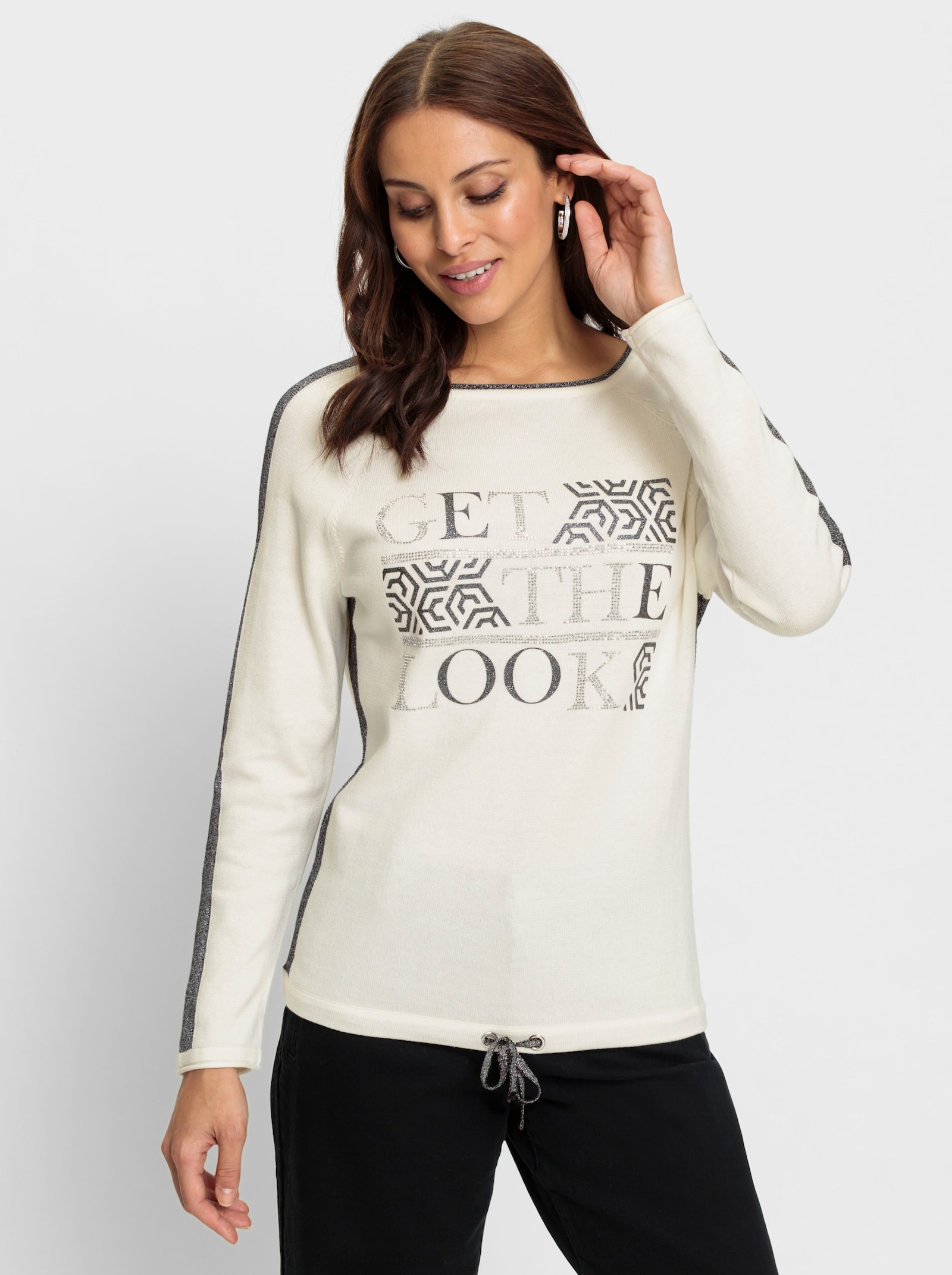 Pullover met contraststrepen opzij - wit/zwart gedessineerd