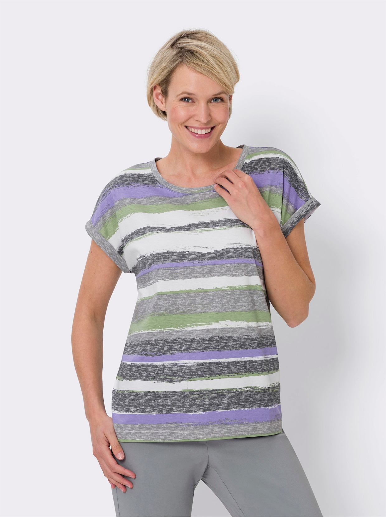 T-shirt - antracit-lavendel-randig