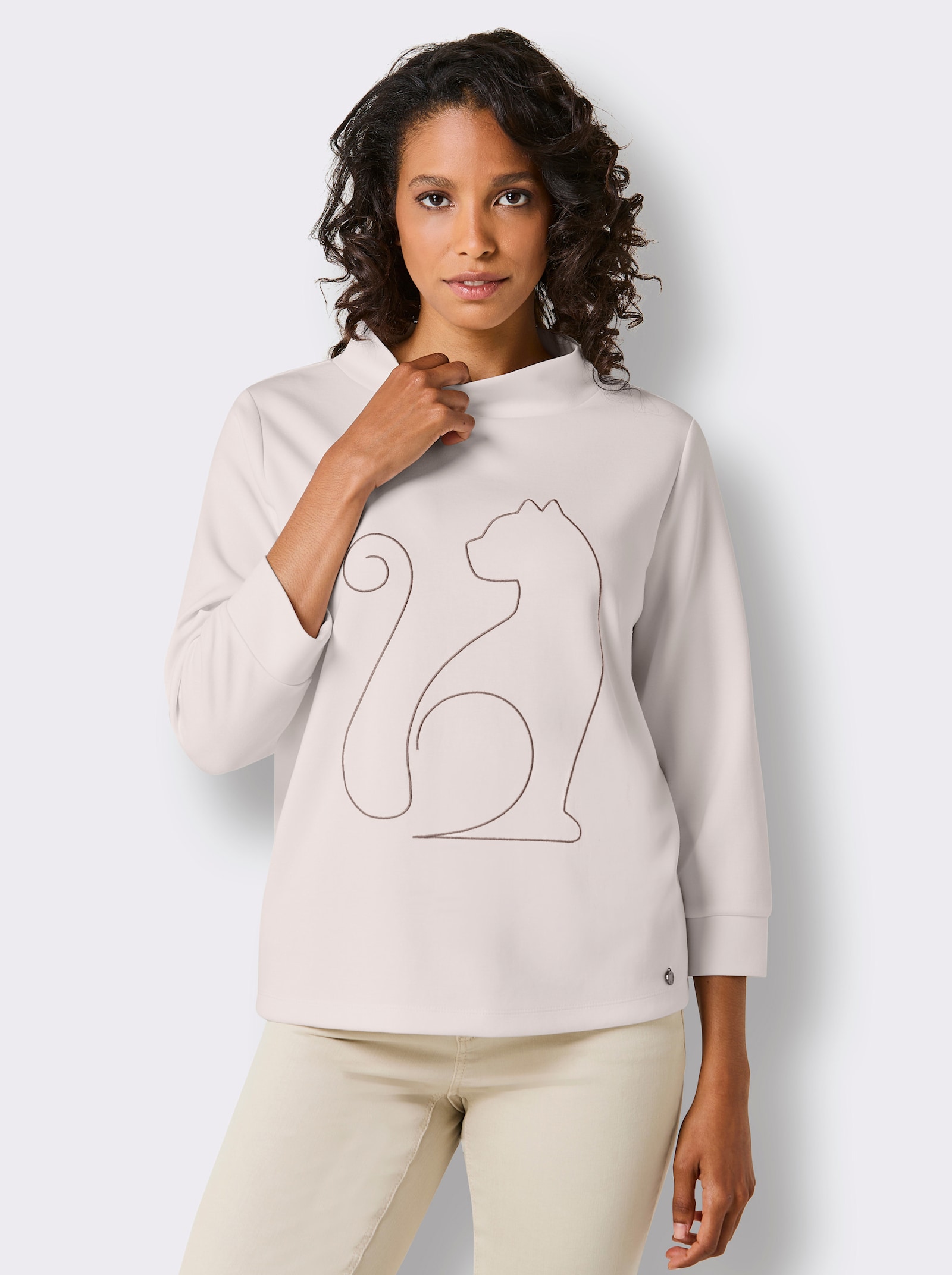 CREATION L PREMIUM Stehkragenshirt mit Kordelstickerei - ecru