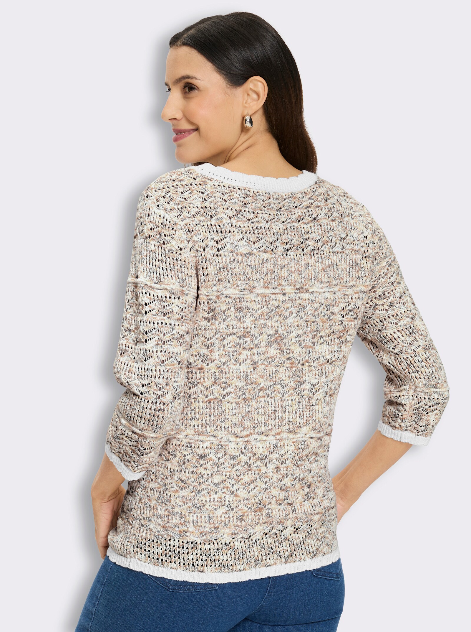 Ajour-Pullover - ecru-camel-gemustert