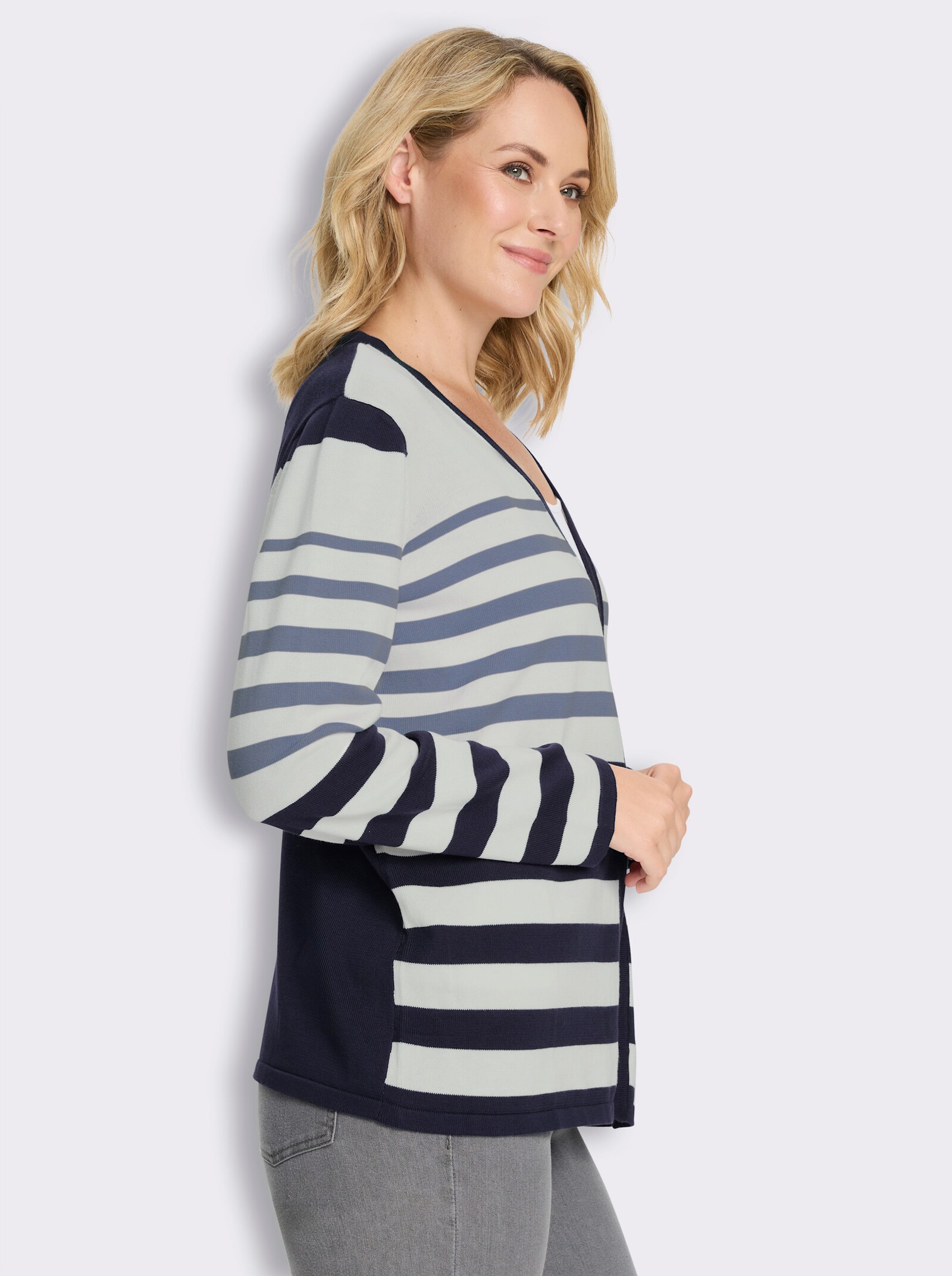 Cardigan in offener Form, reine Baumwolle - taubenblau-marine-geringelt