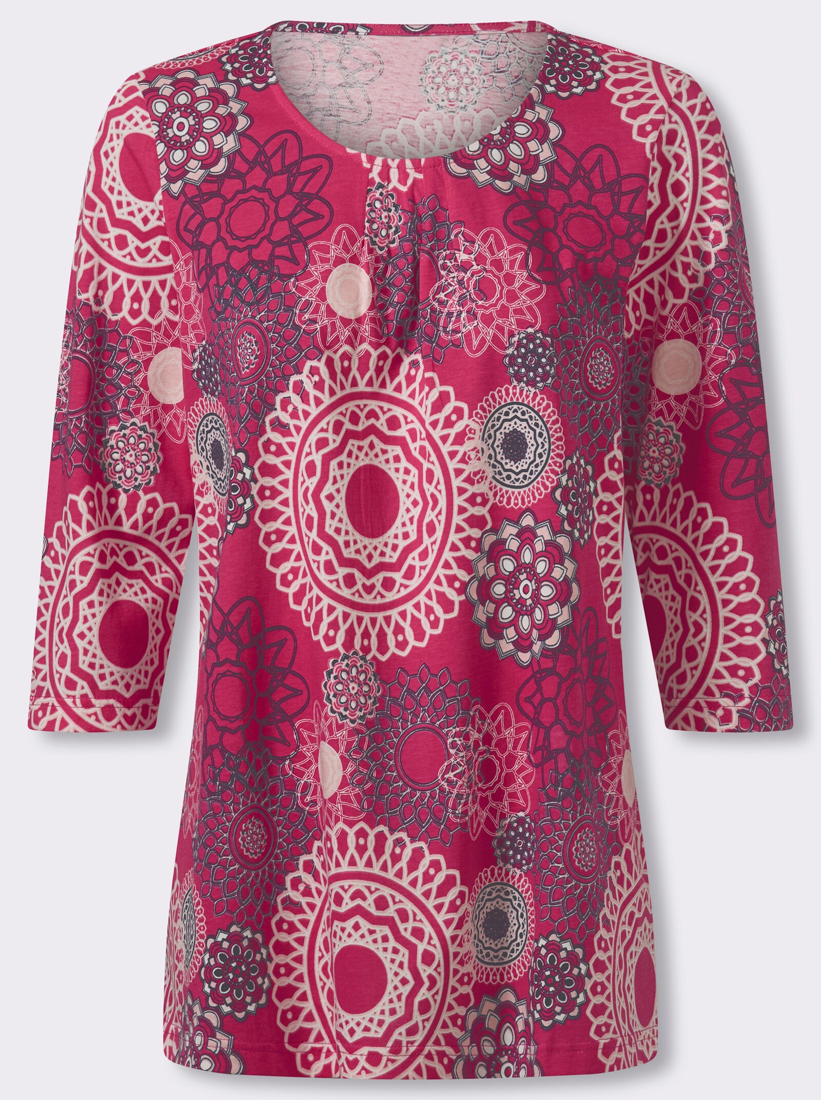 Longshirt mit Falten am Ausschnitt - pink-ecru-bedruckt