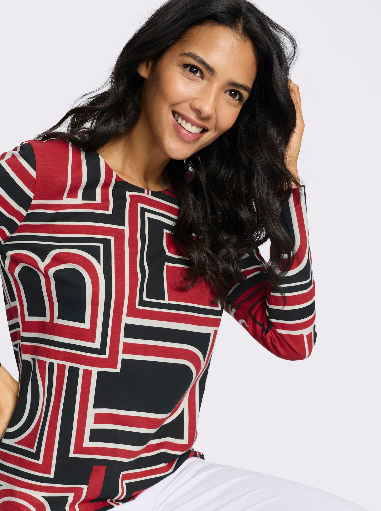 Langarmshirt mit grafischem Druck - rot-schwarz-bedruckt