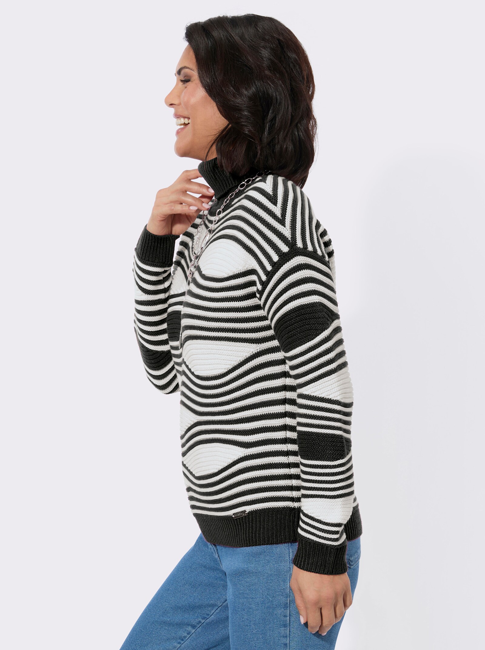 Rollkragenpullover mit Intarsienmuster - schwarz-ecru-gemustert