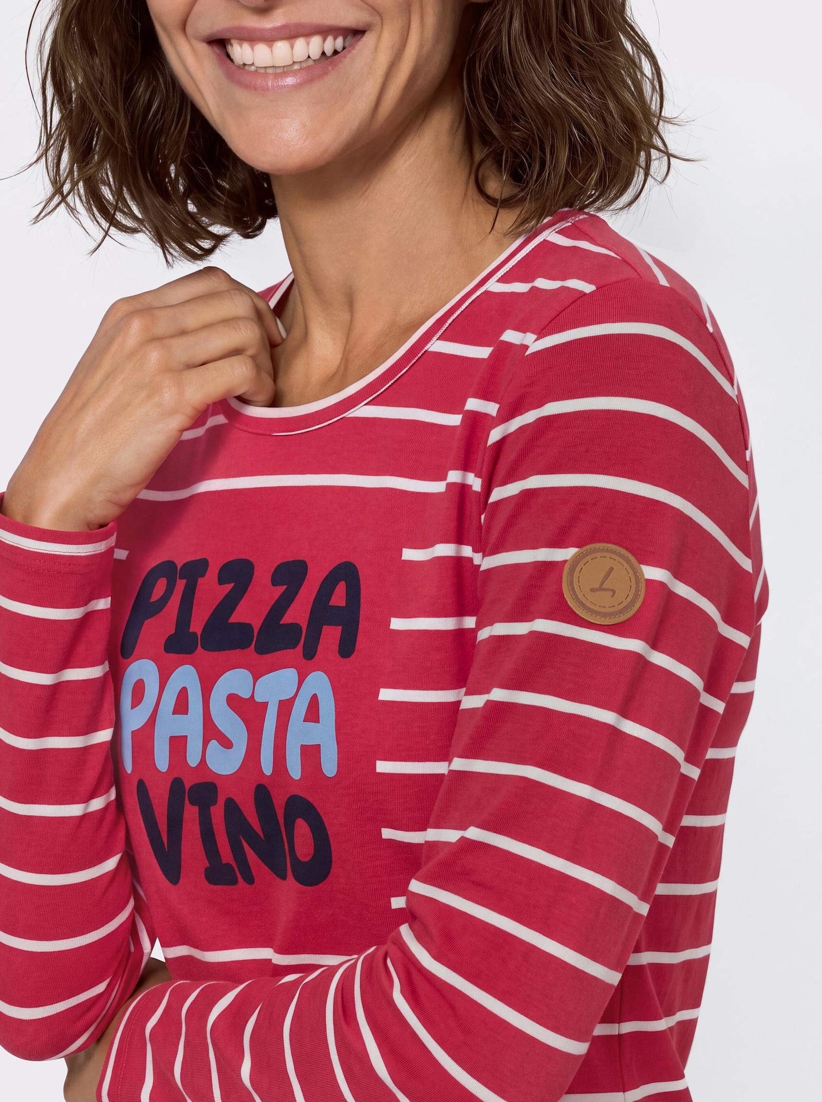 Ringelshirt mit Frontdruck - erdbeere-weiß-geringelt