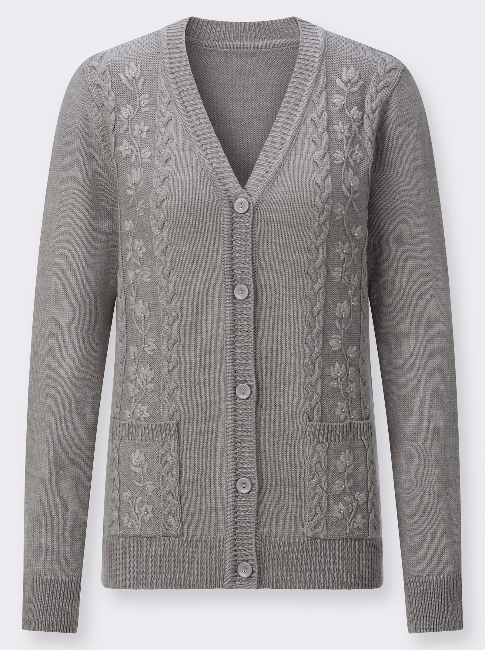 Strickjacke mit Stickerei - grau-meliert