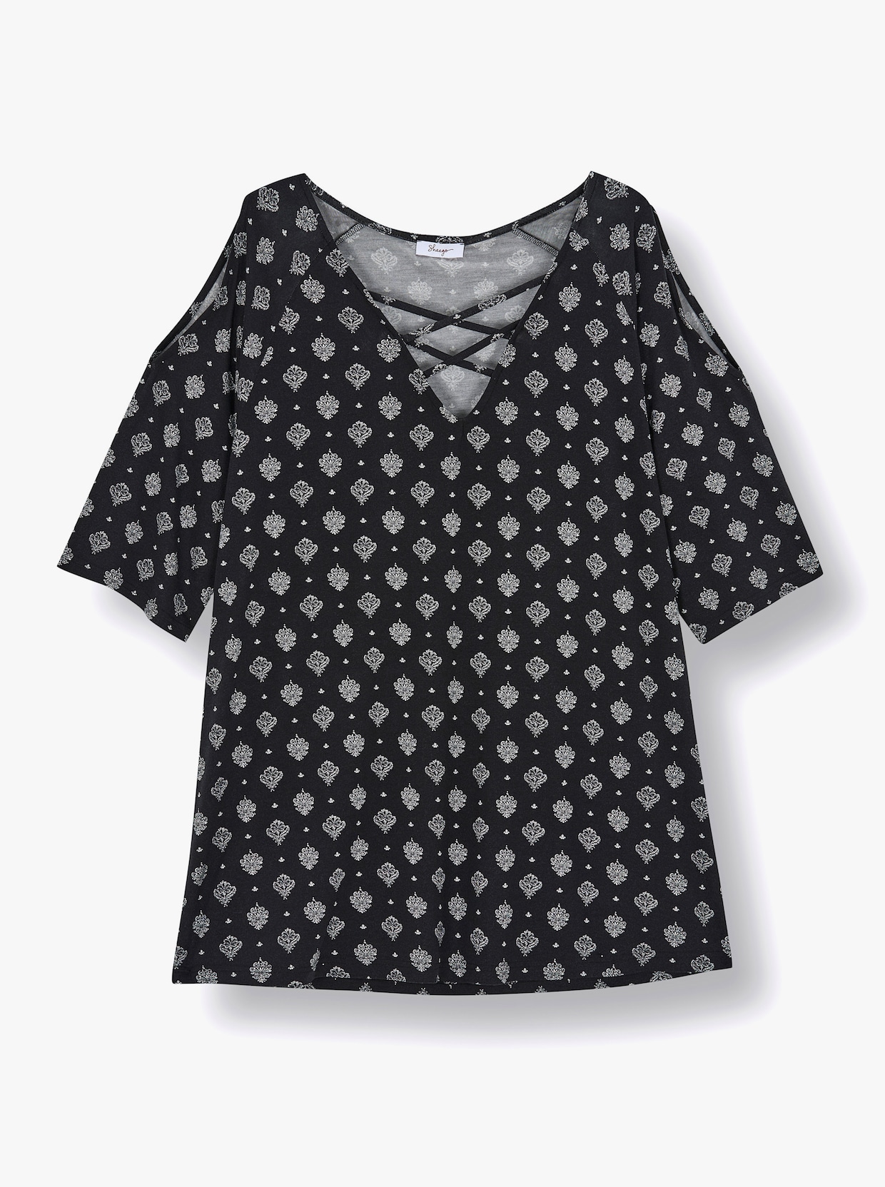 sheego Longshirt mit gekreuzten Bändern am Ausschnitt - schwarz-ecru-bedruckt