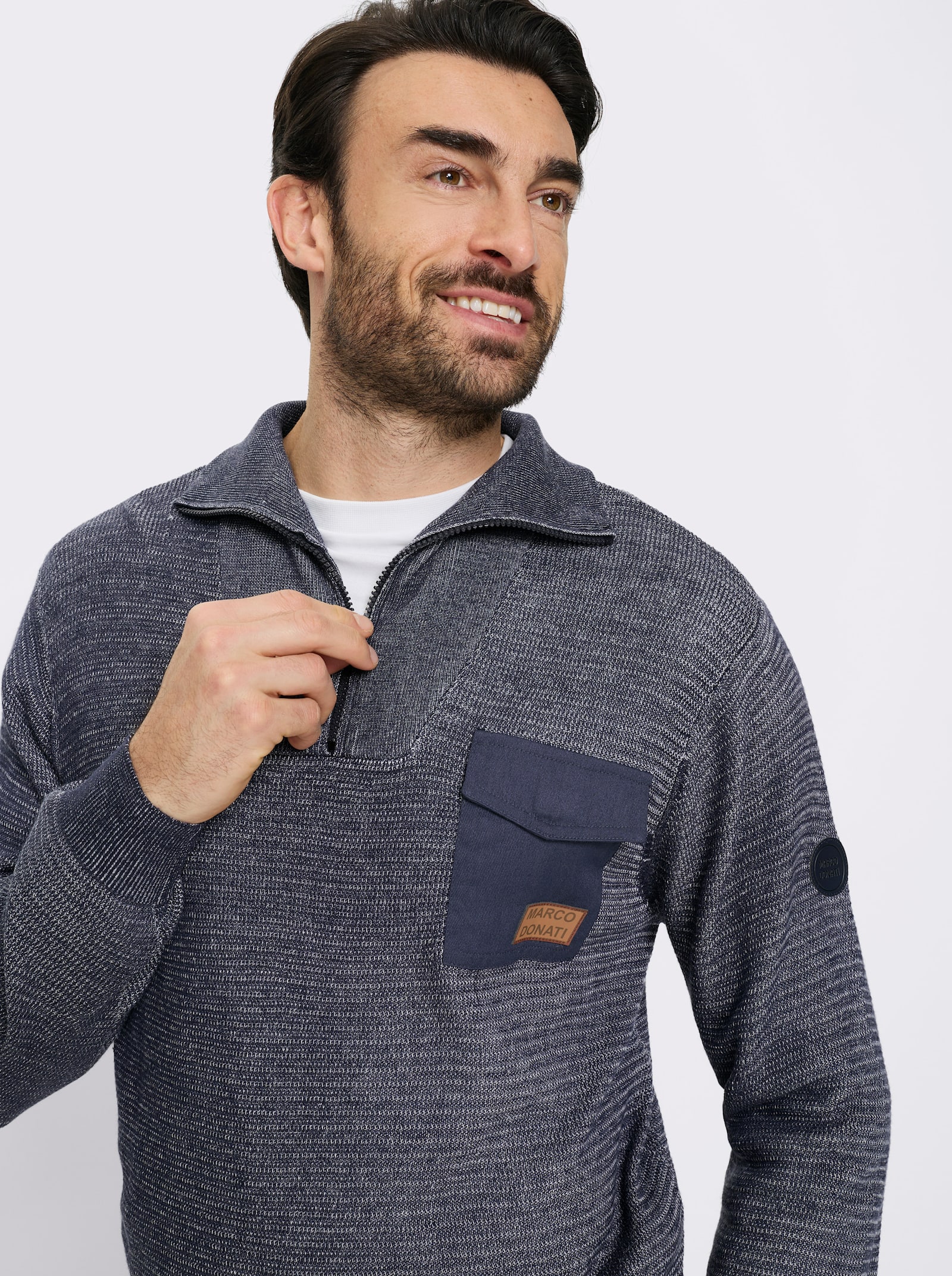 Marco Donati Langarm-Pullover mit Kontrast-Elementen - marine-ecru-meliert