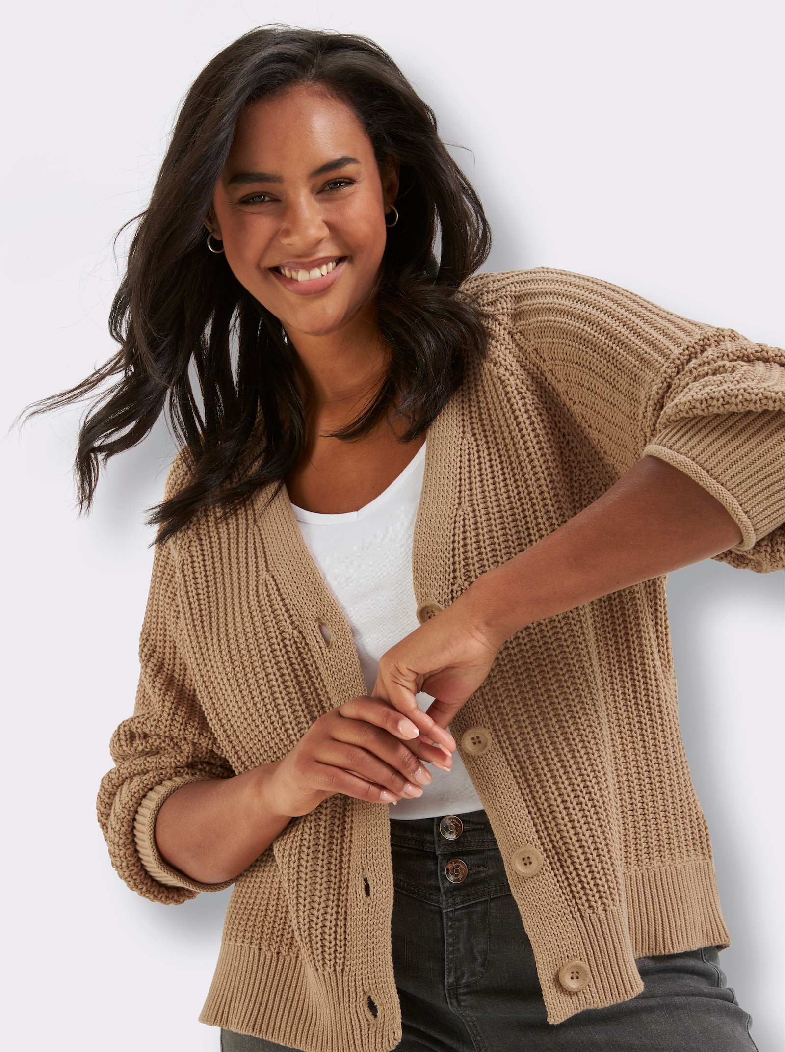 Strickjacke in Grobstrick-Muster - camel