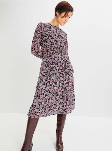 Webkleid mit Smok-Partien - schwarz-hortensie-bedruckt