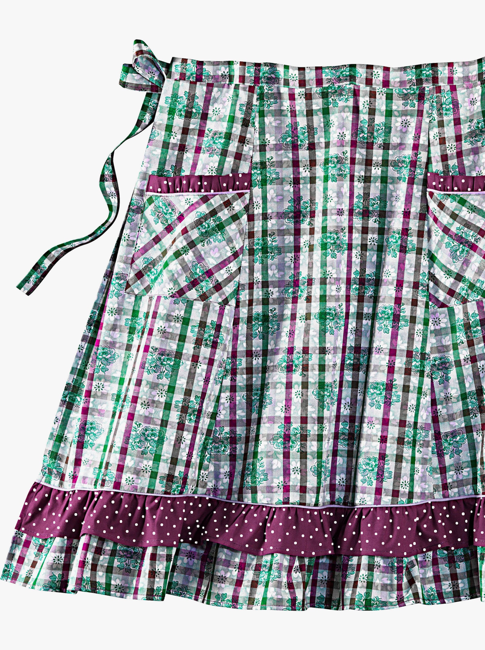 Halbschürze mit Rüschen - lila-getupft + lila-kariert