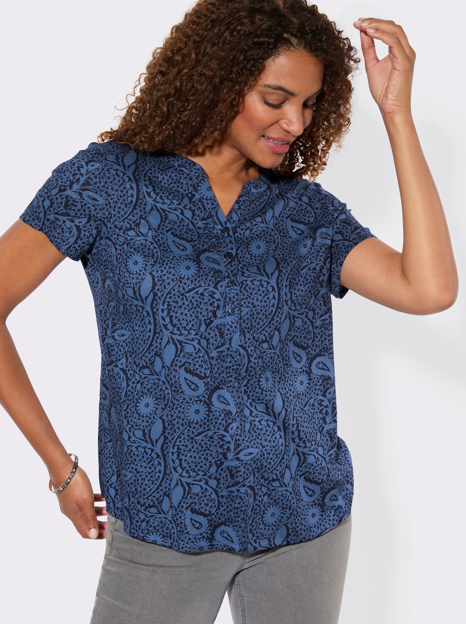 Schlupfbluse aus reiner Viskose - jeansblau-marine-bedruckt