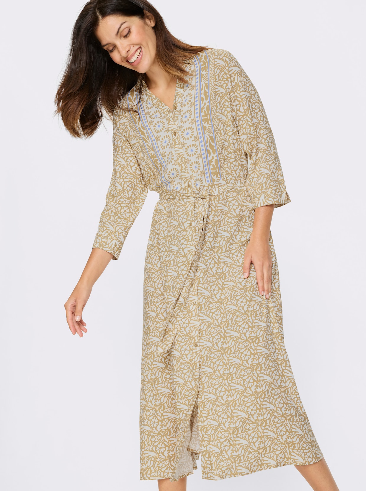 Druckkleid - ecru-camel-bedruckt