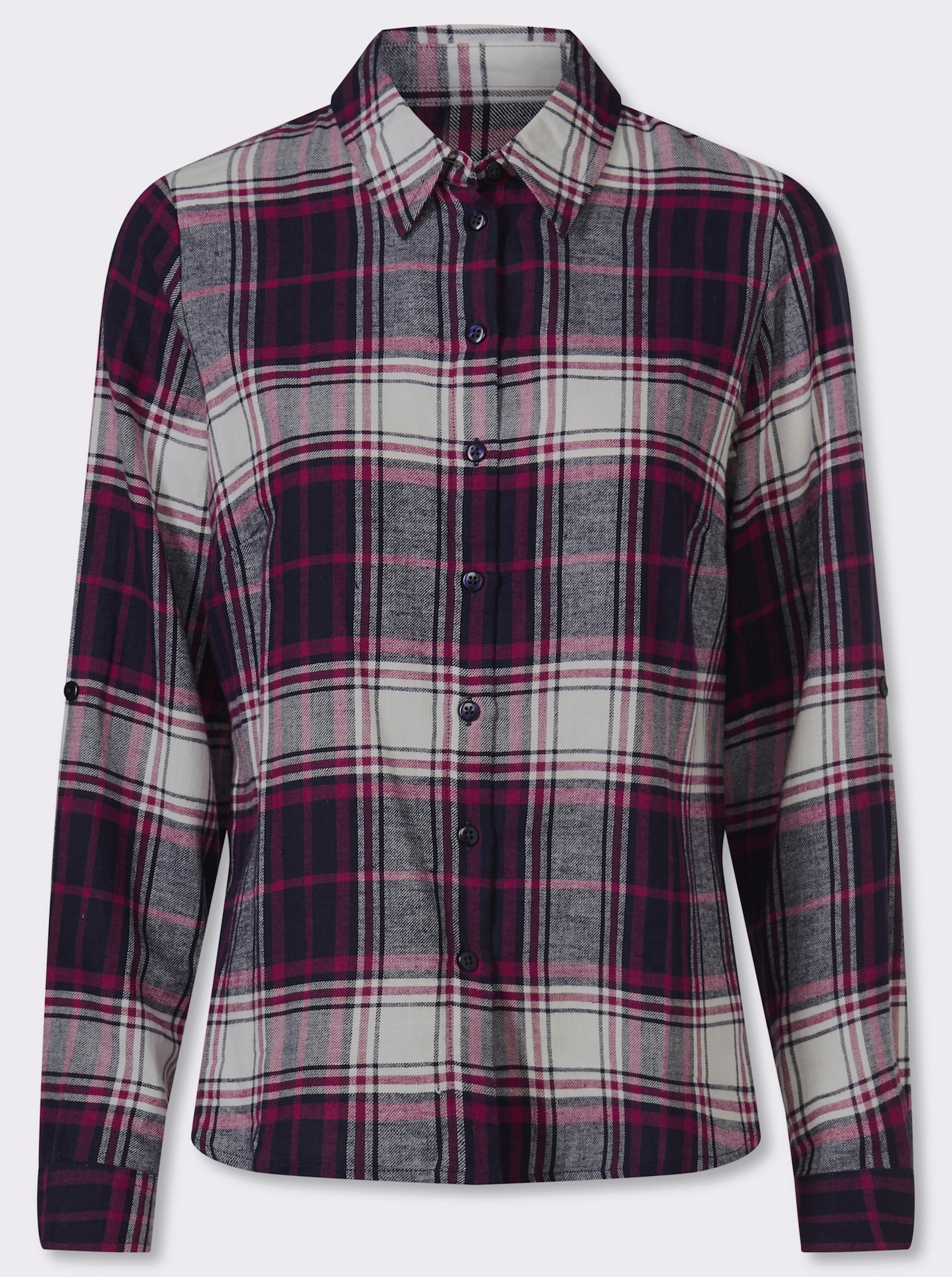 Flanellbluse mit krempelbaren Ärmeln - marine-ecru-kariert