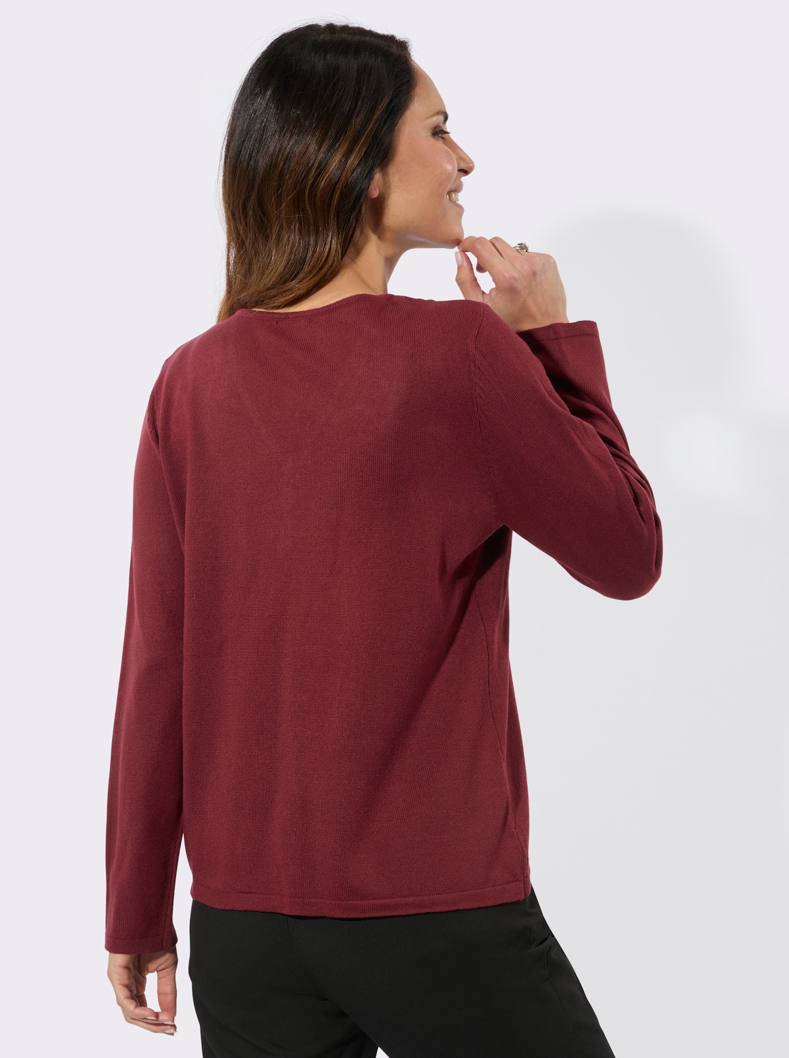 Feinstrickpullover mit Spitzenbesatz - dunkelrot