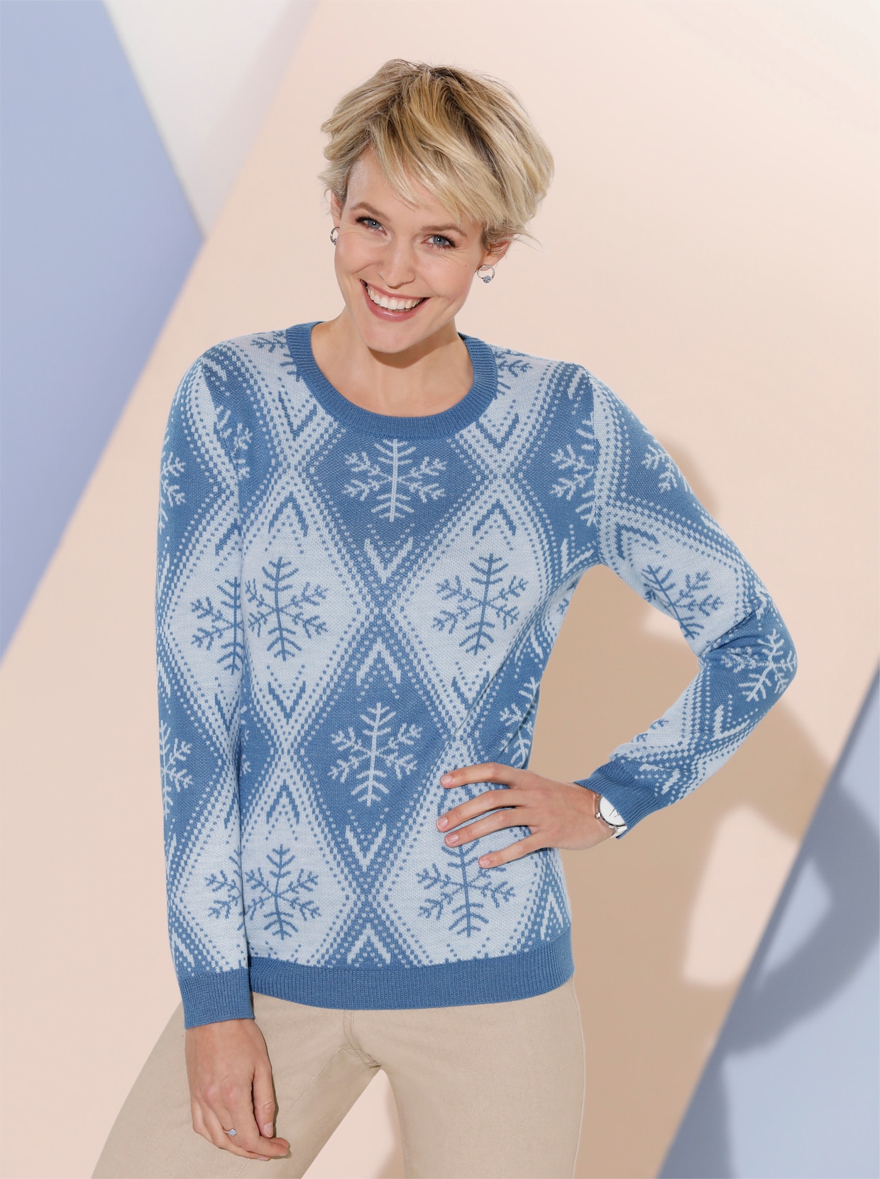 Pullover van jacquard - middenblauw gedessineerd