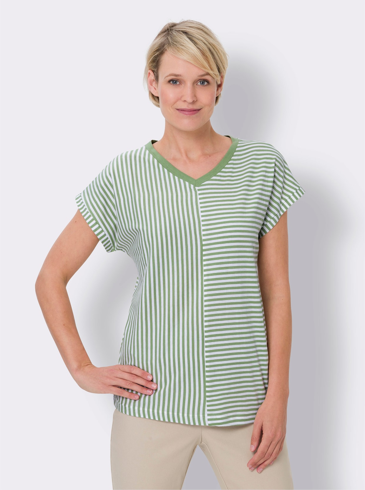 V-Shirt - eucalyptus-ecru-gestreift