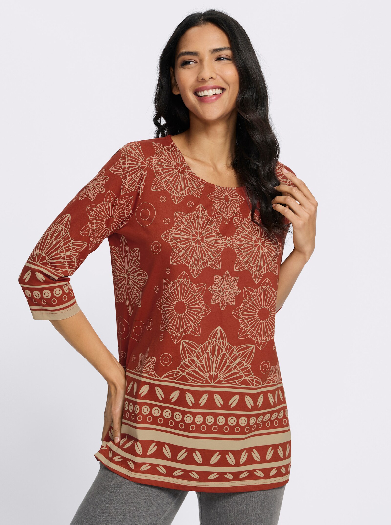 Longshirt mit Bordüren-Druck - rostrot-beige-bedruckt