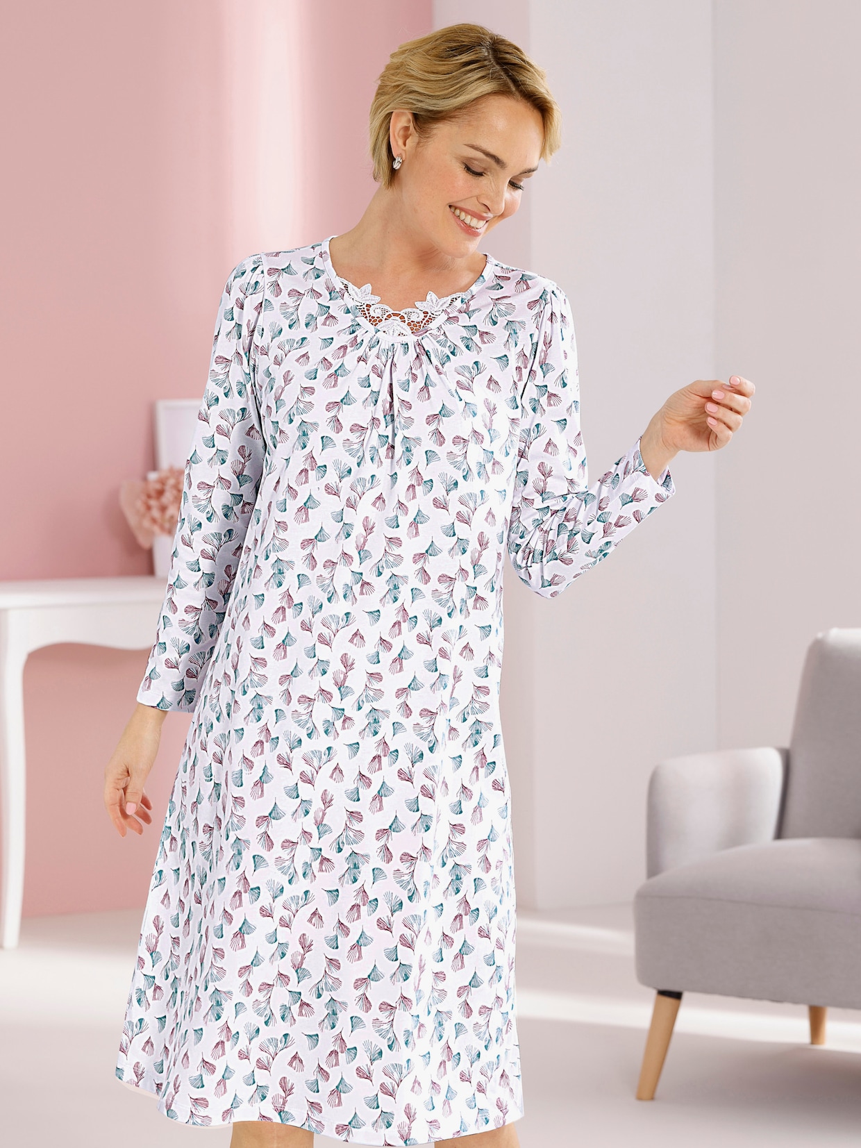 wäschepur Nachthemd - wit/roze geprint