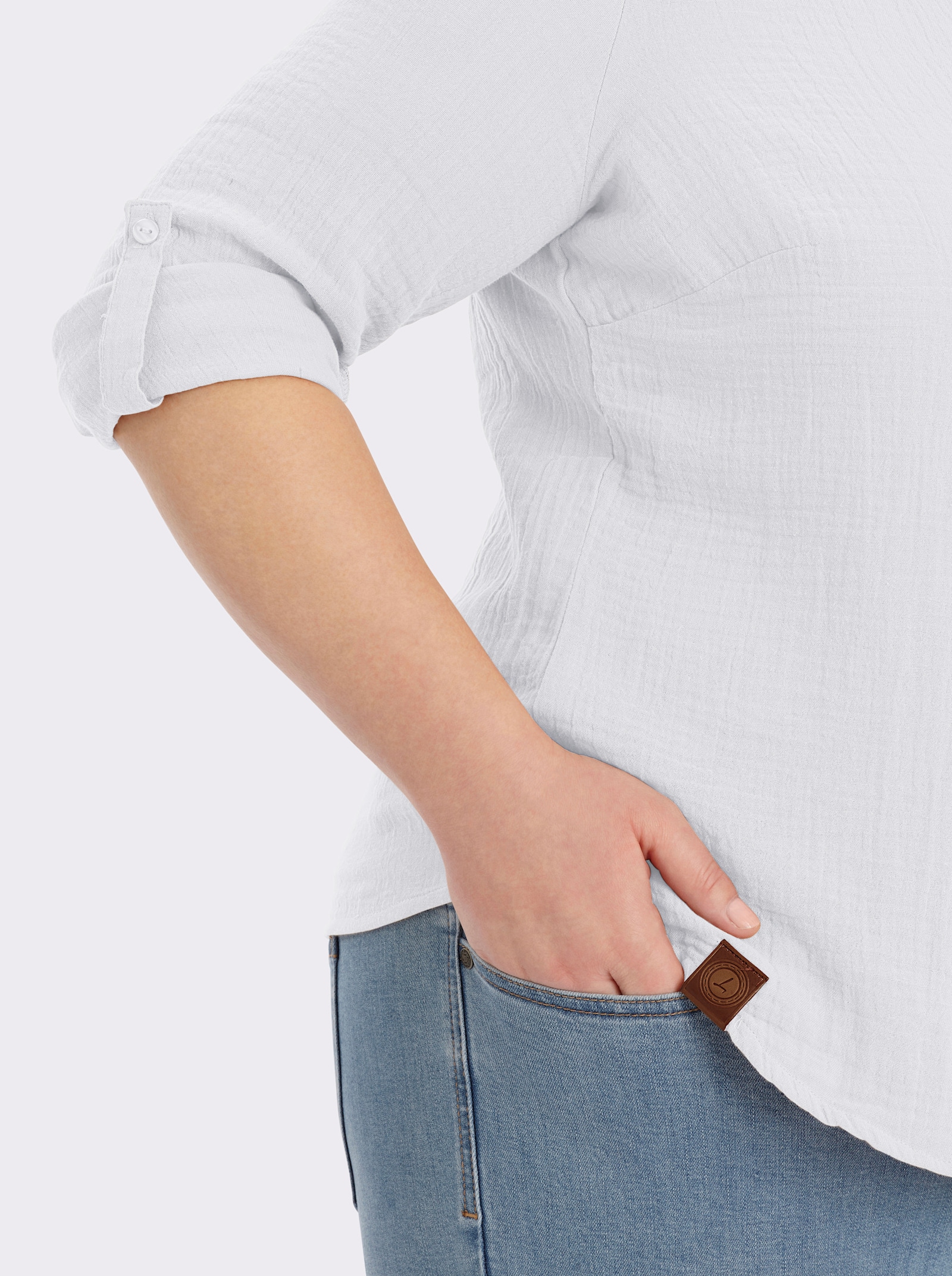Baumwollbluse mit krempelbaren Ärmeln - weiß
