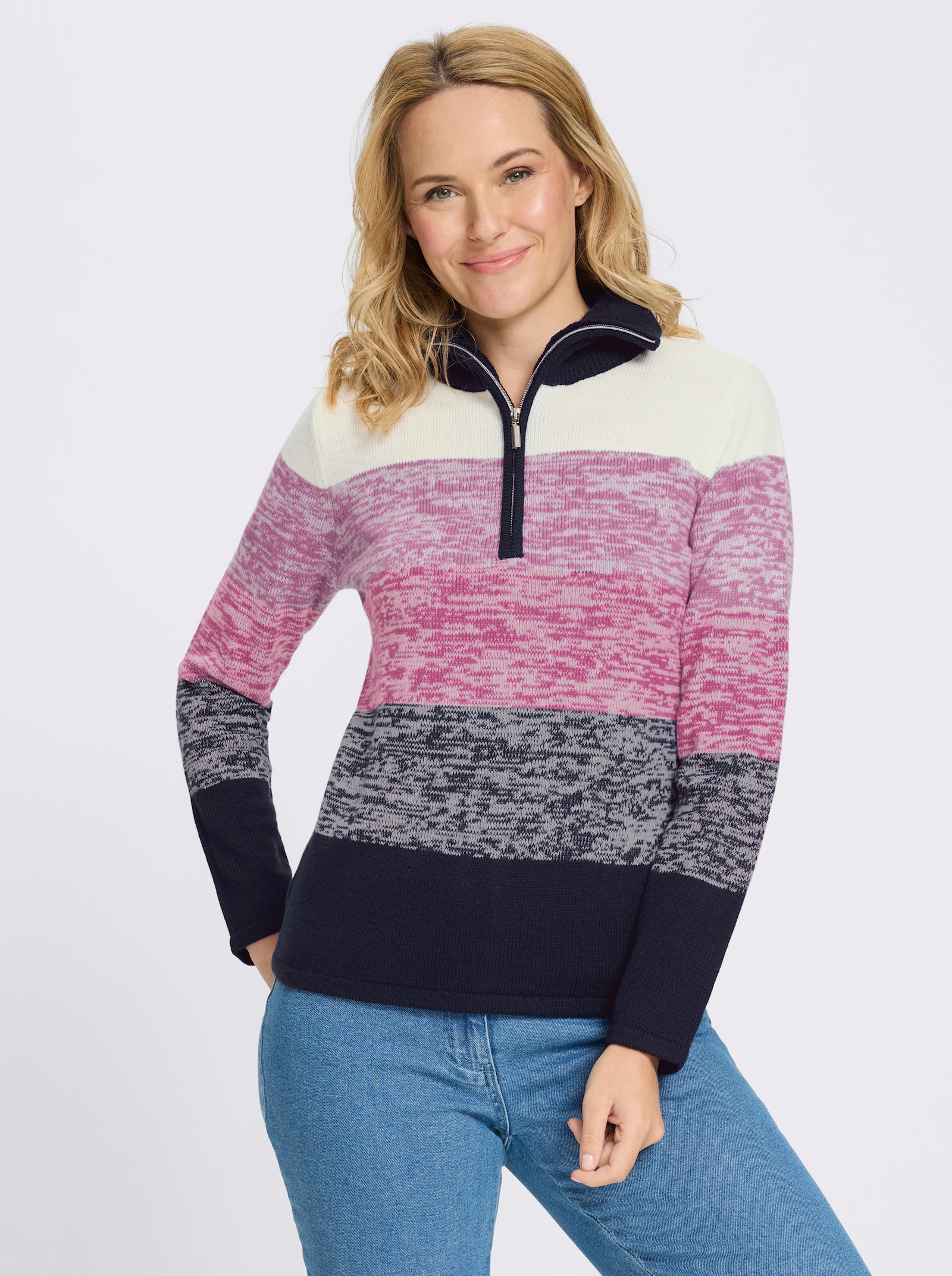 Langarm-Pullover mit kurzem Reißverschluss - magenta-marine-gemustert