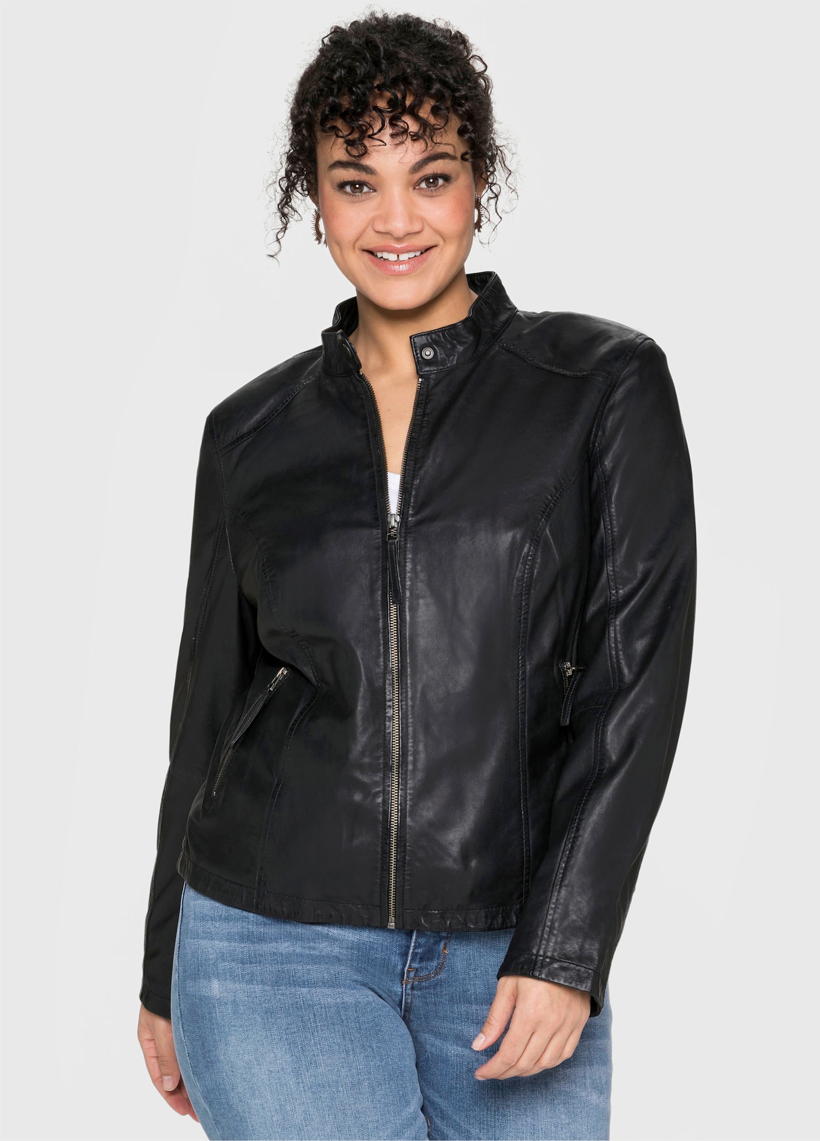 sheego Lederjacke im Biker-Stil - schwarz
