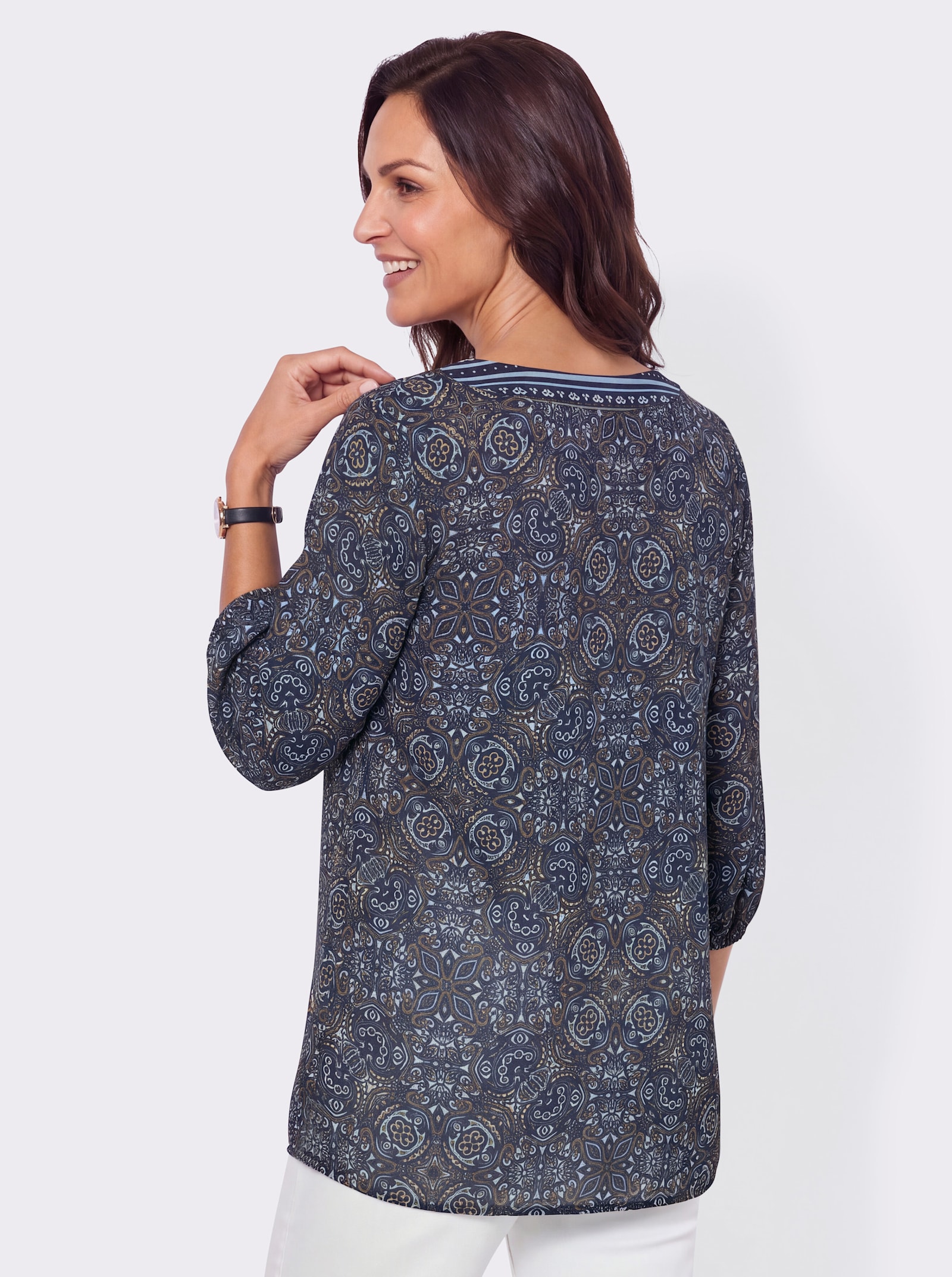 Druckbluse mit Weite gebender Falte - marine-bedruckt