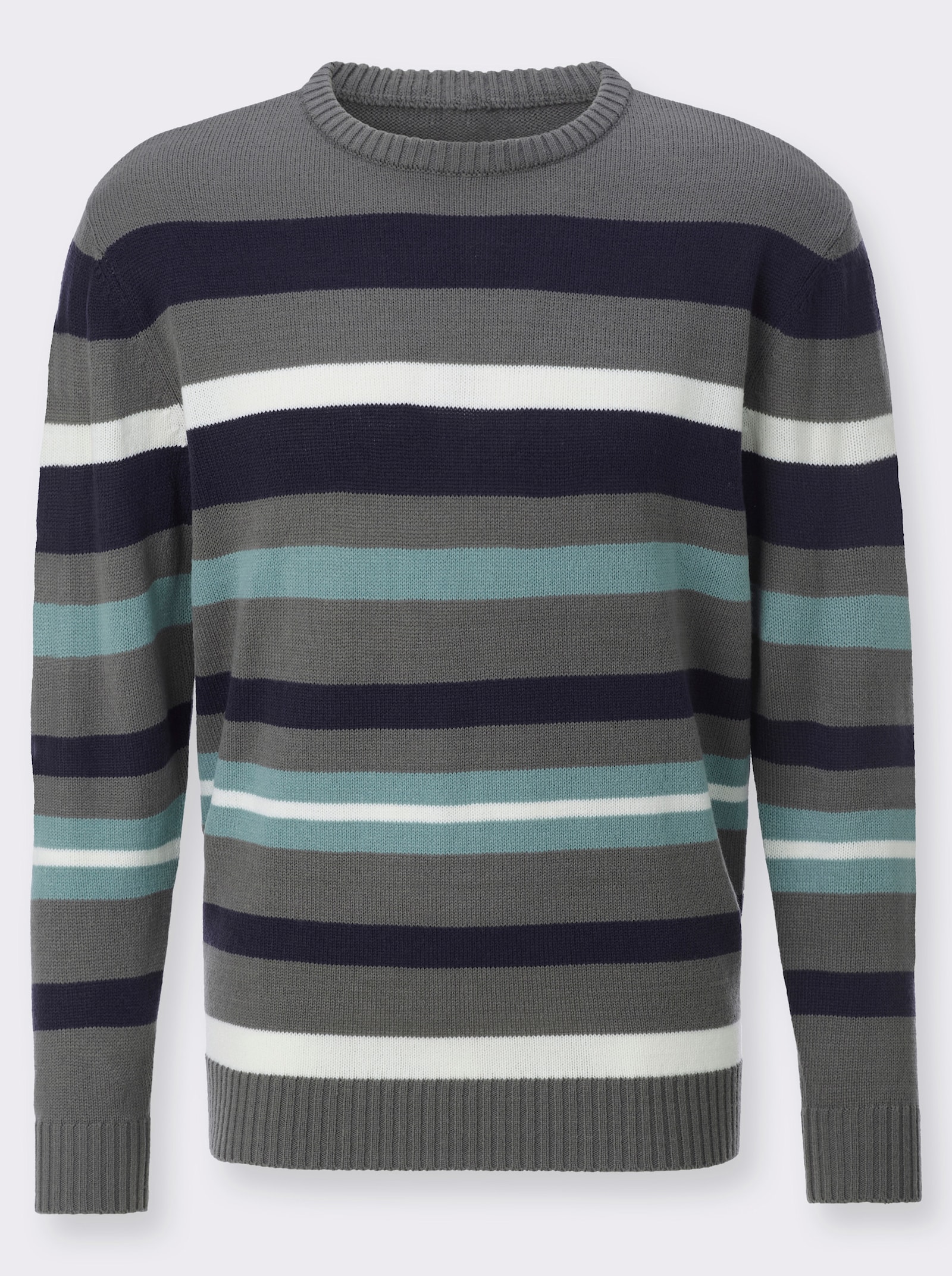 Rundhalspullover im Ringel-Dessin - anthrazit-jade-gemustert