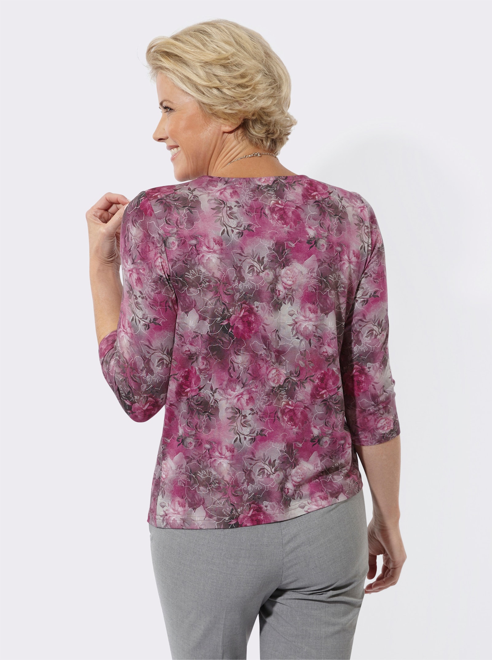 Rundhalsshirt im floralen Dessin - malve-hellgrau-bedruckt