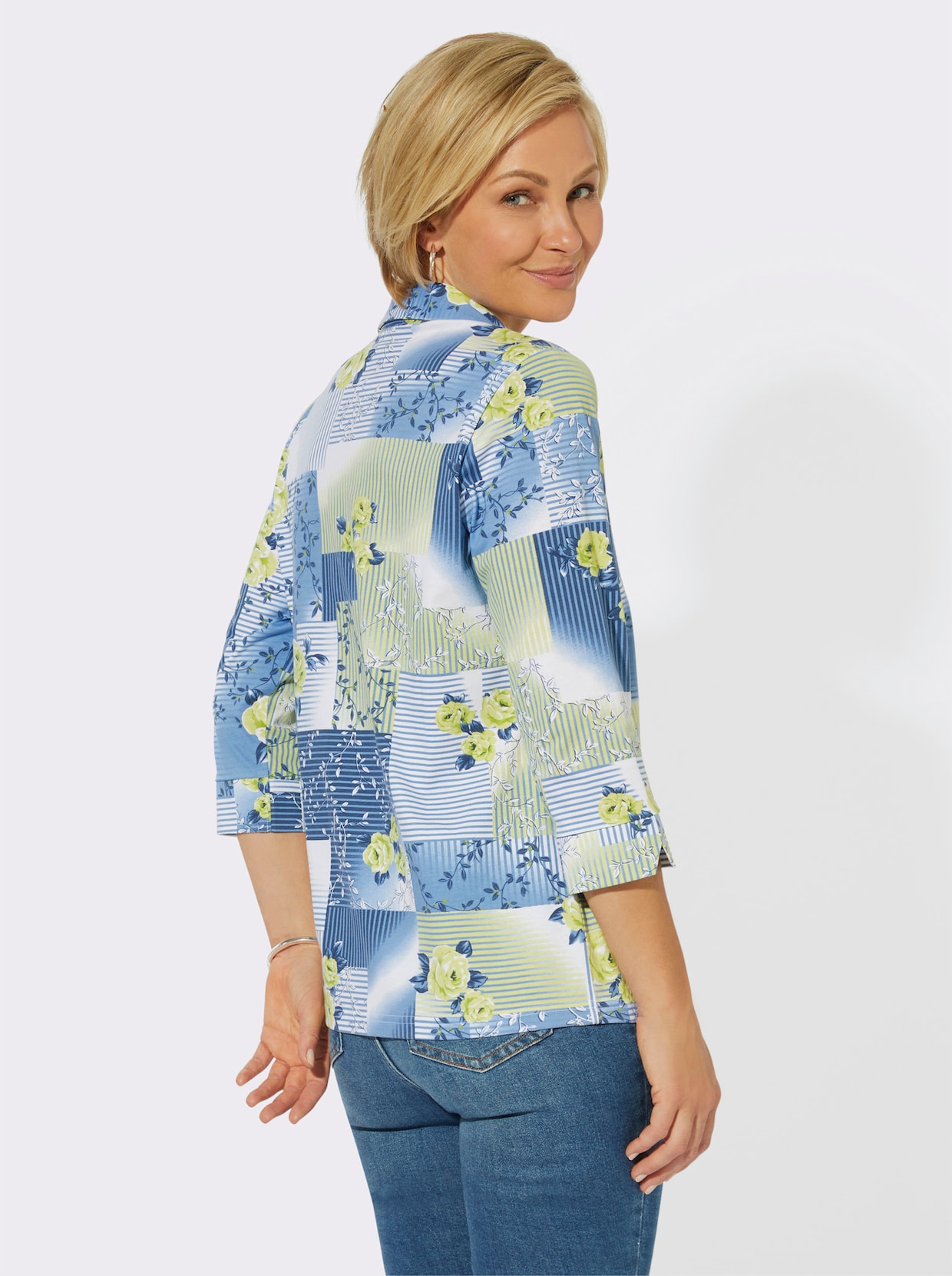 Shirt met 3/4-mouw - pistache/middenblauw bedrukt
