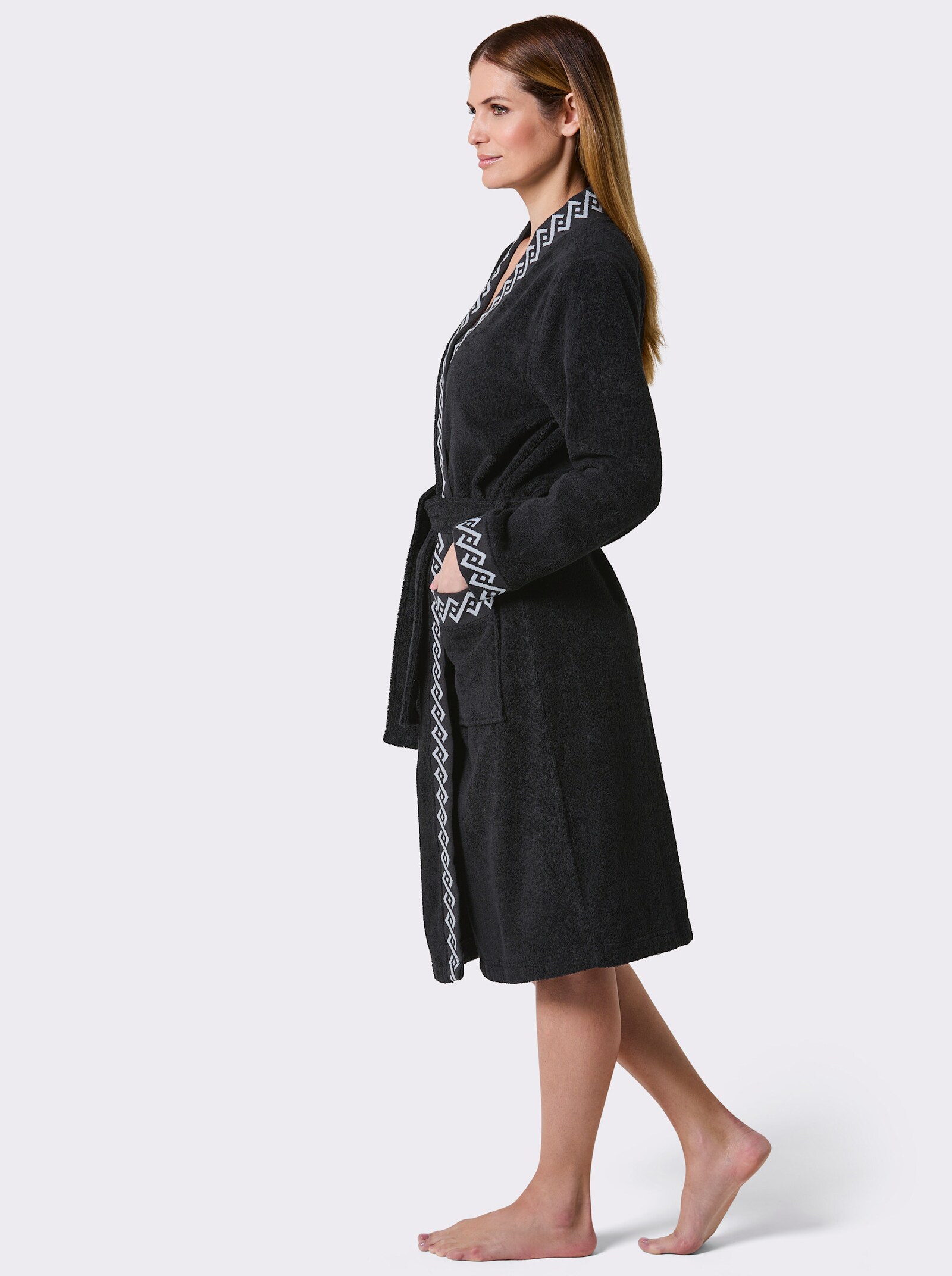 feel good Damenbademantel mit Webblende - schwarz-weiß