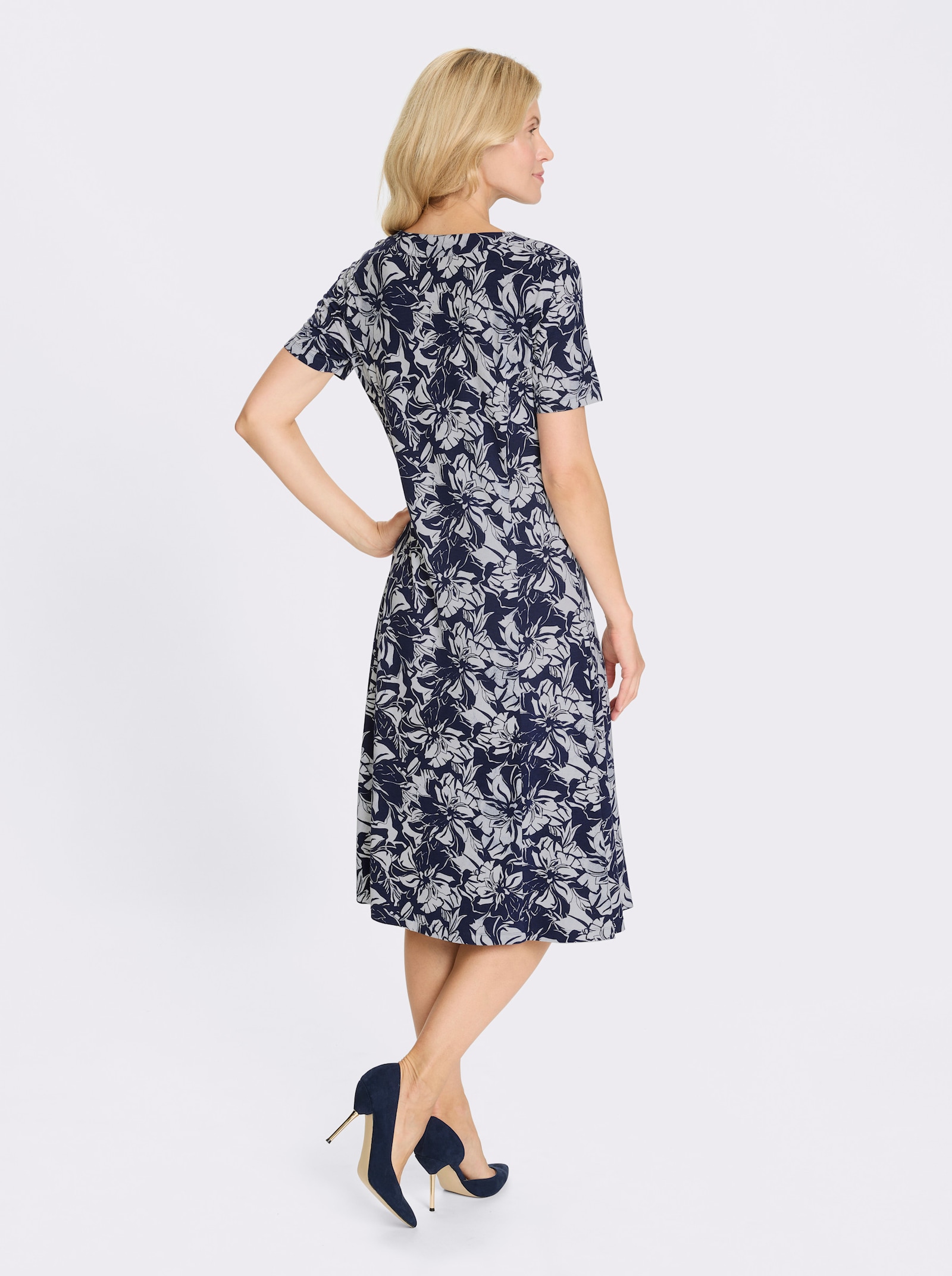 Jerseykleid mit ausgestelltem Rockteil - marine-ecru-bedruckt