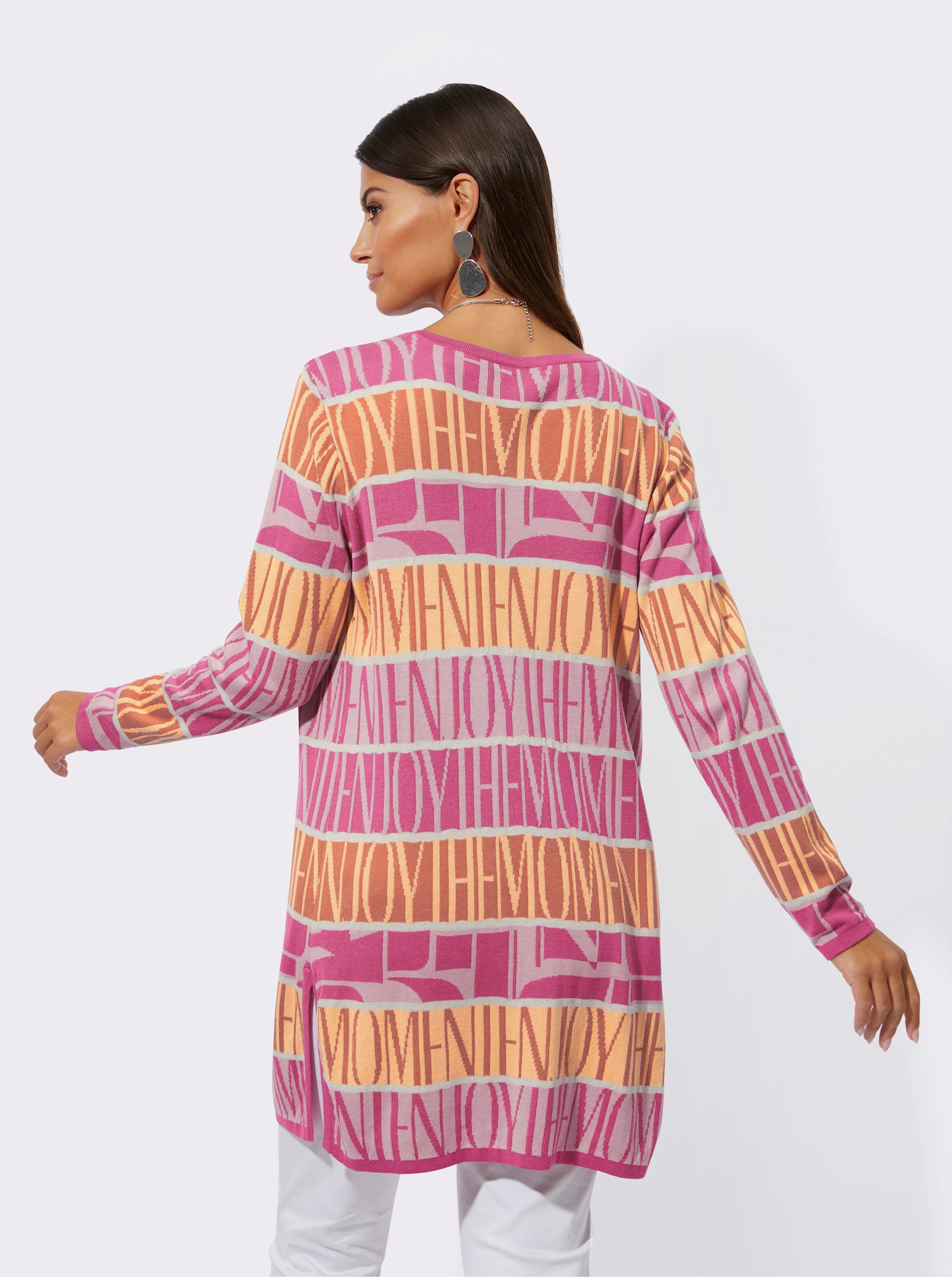 Veste longue en tricot avec motif jacquard - fuchsia-papaye à motifs