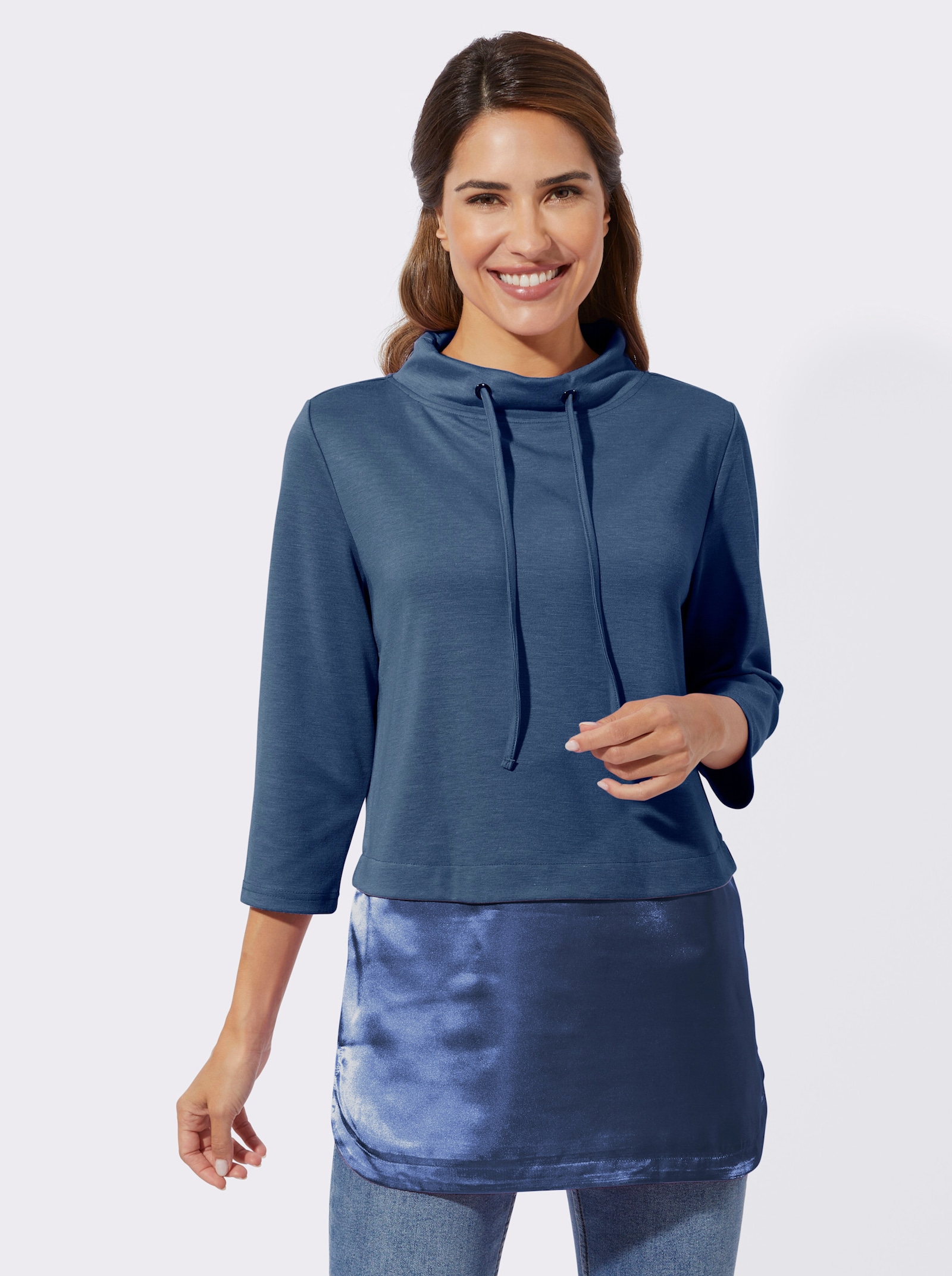 Lang shirt met satijnglans - jeansblauw