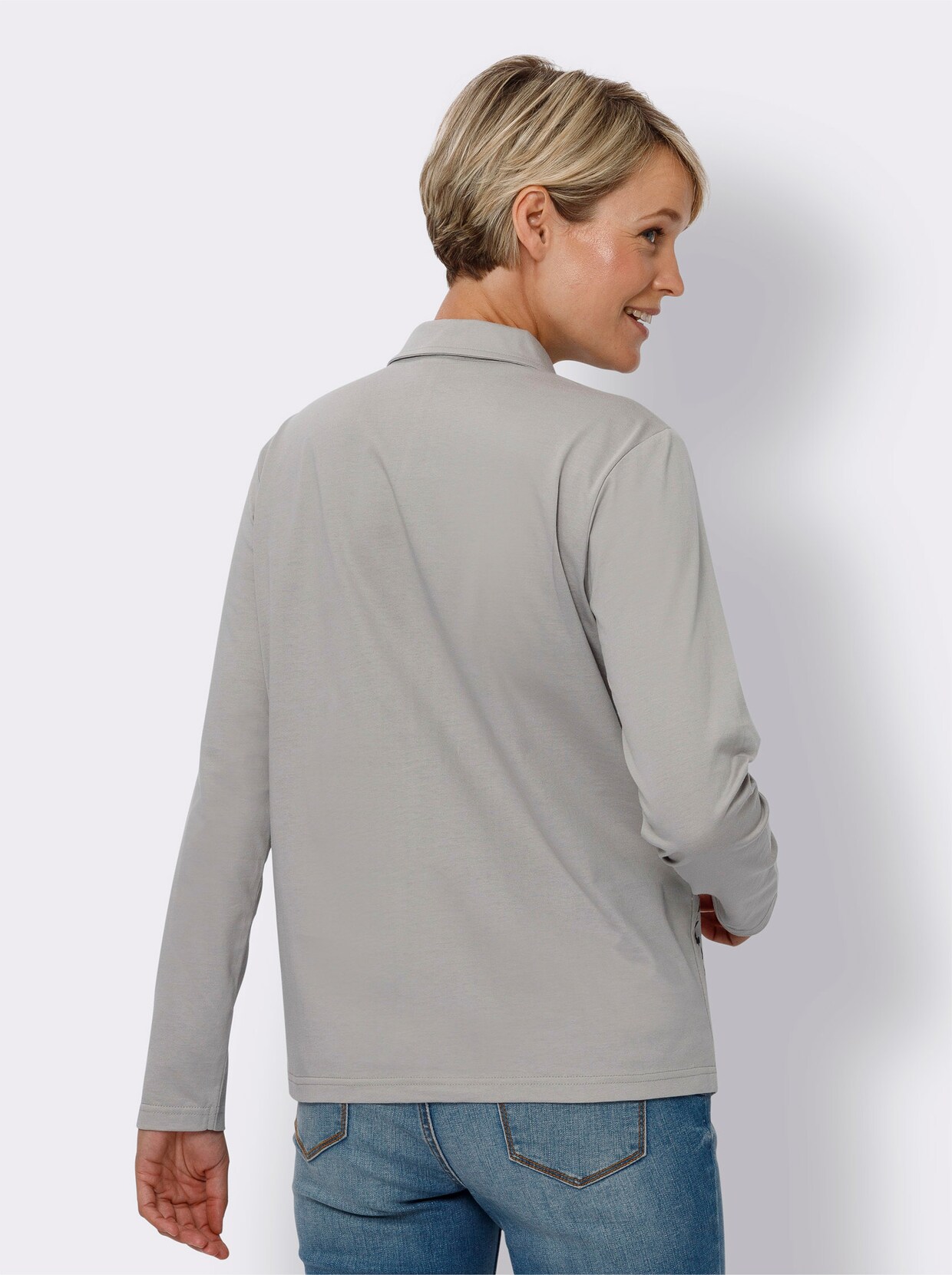 Langarm-Poloshirt - steingrau-graphit-bedruckt