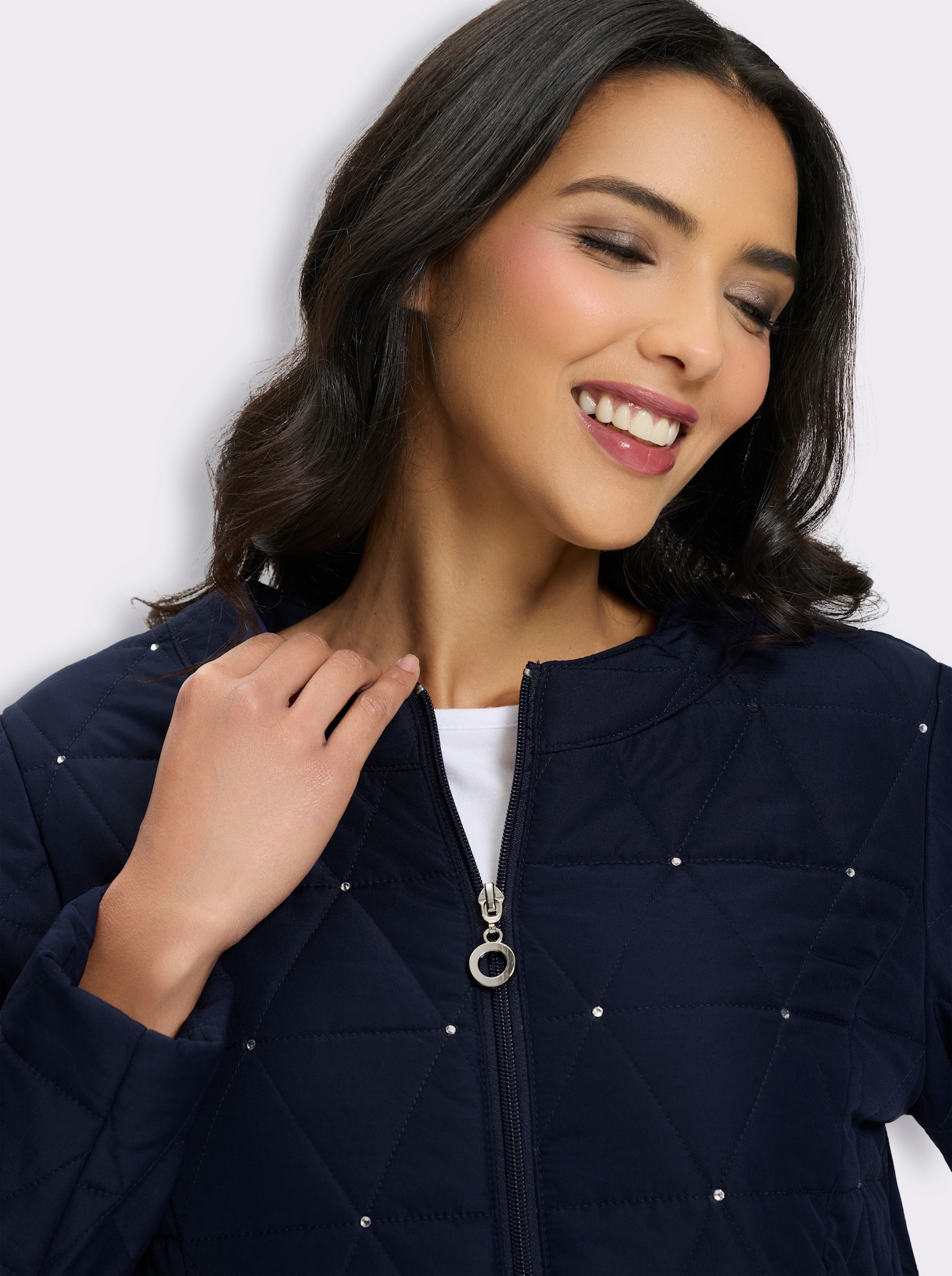 Steppjacke Rautenstepp-Muster mit Glitzersteinchen - marine