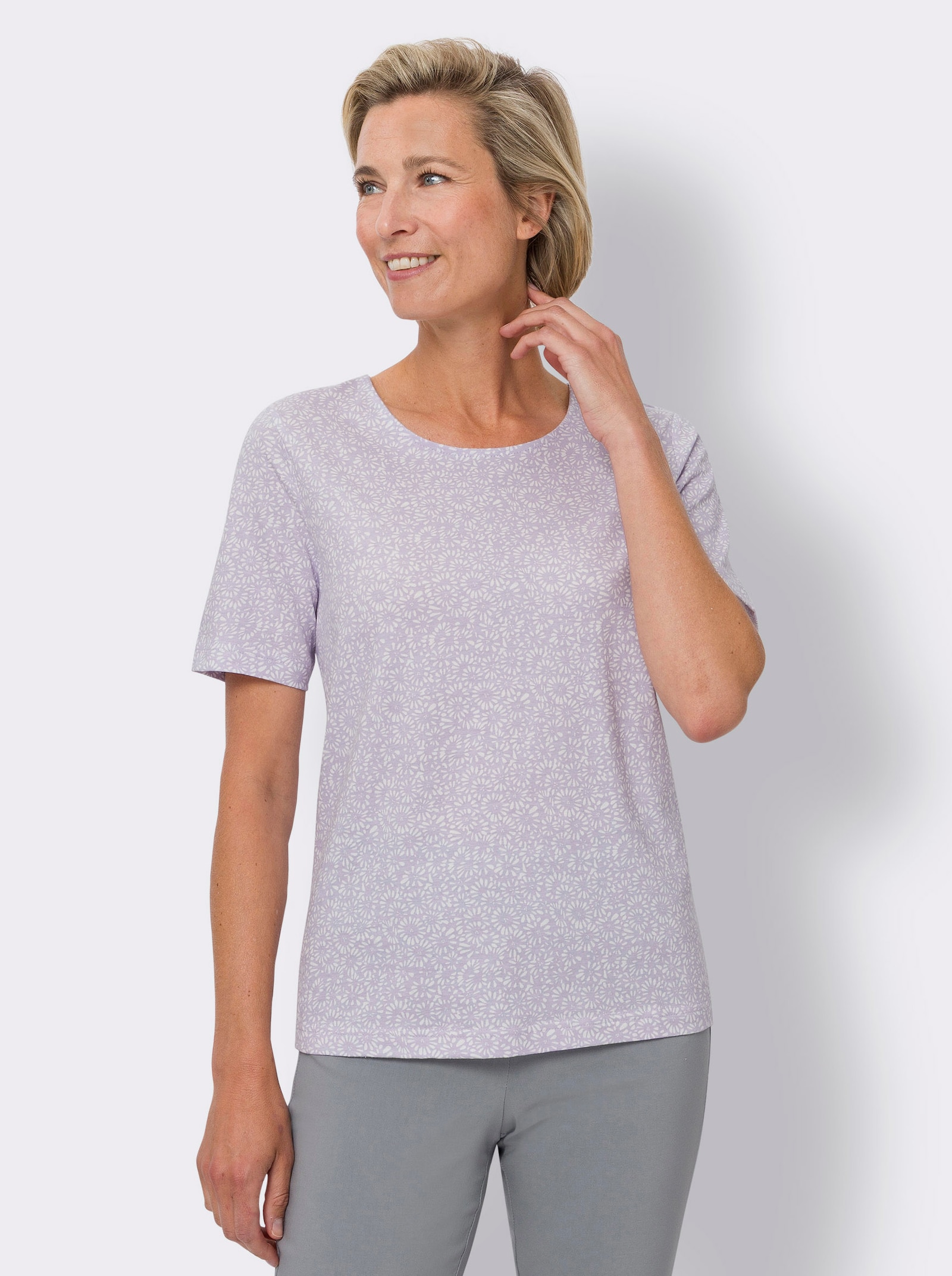 Kurzarmshirt mit Minimal-Floral-Muster - ecru-flieder-bedruckt